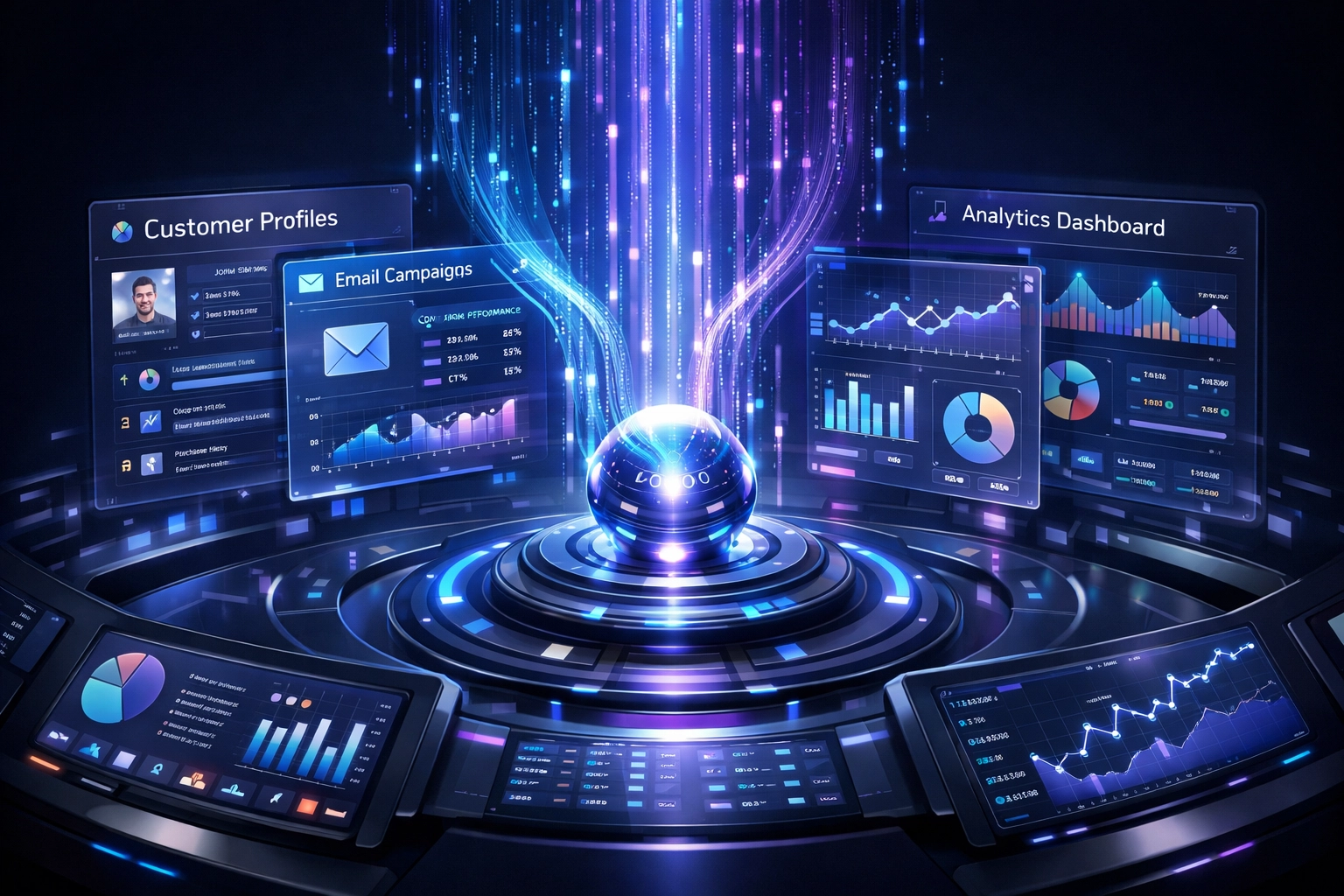 AI marketing automation dashboard analyzing customer data and campaign performance in real-time