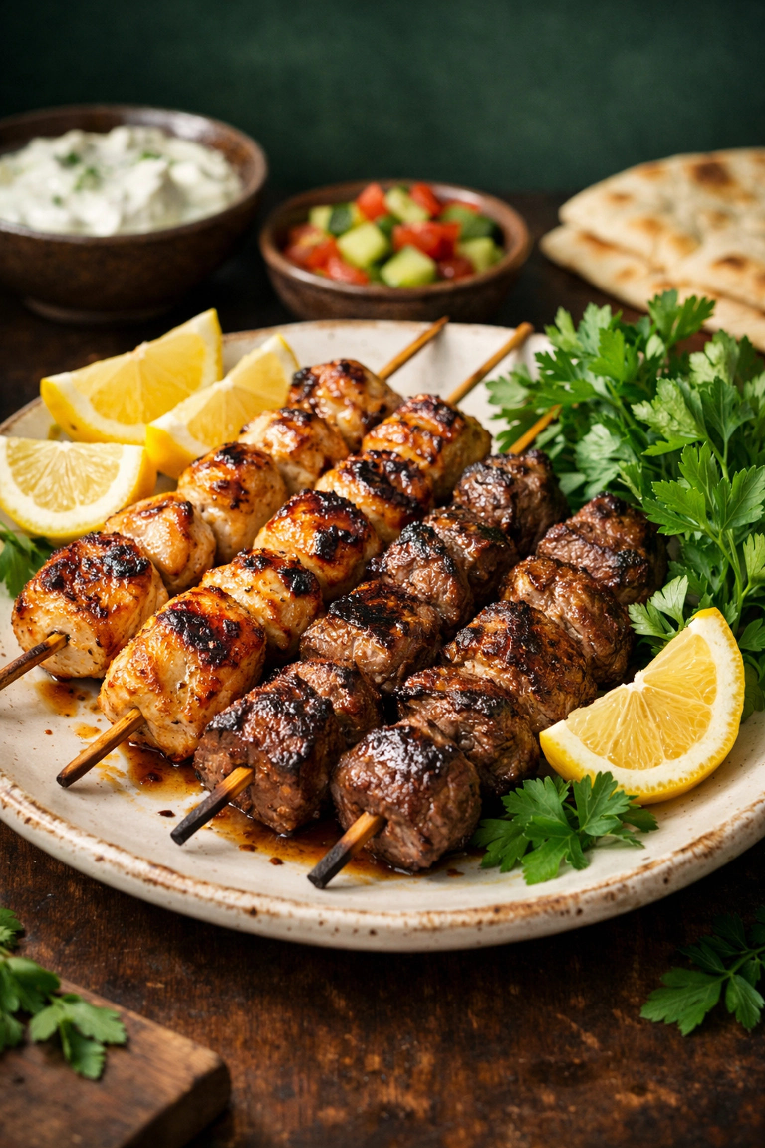 Halal-certified chicken and beef skewers served on a fresh Mediterranean meat platter in Portland.