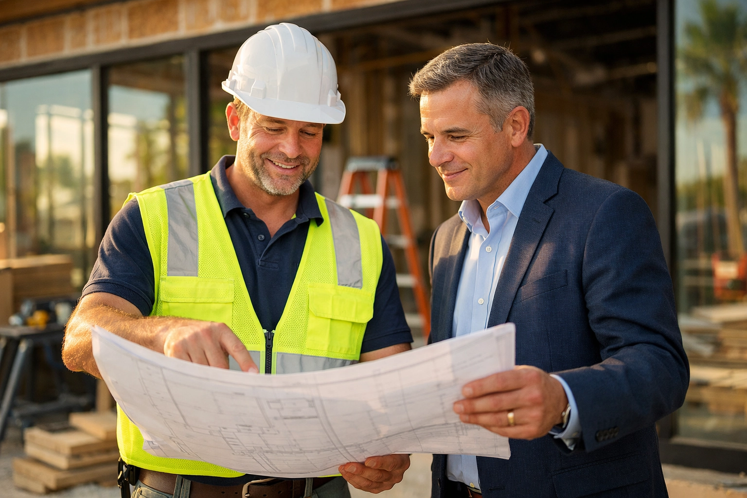 Commercial contractor reviewing blueprints with business owner at North Carolina construction site