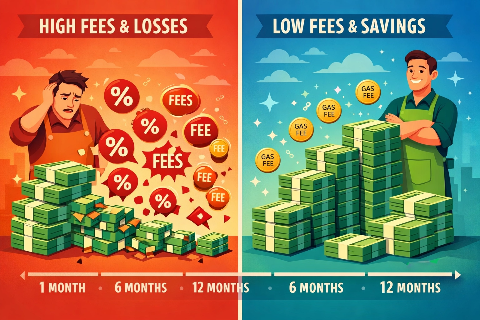Merchant savings comparison: traditional crypto payment fees eating profits vs gas-only model preserving revenue