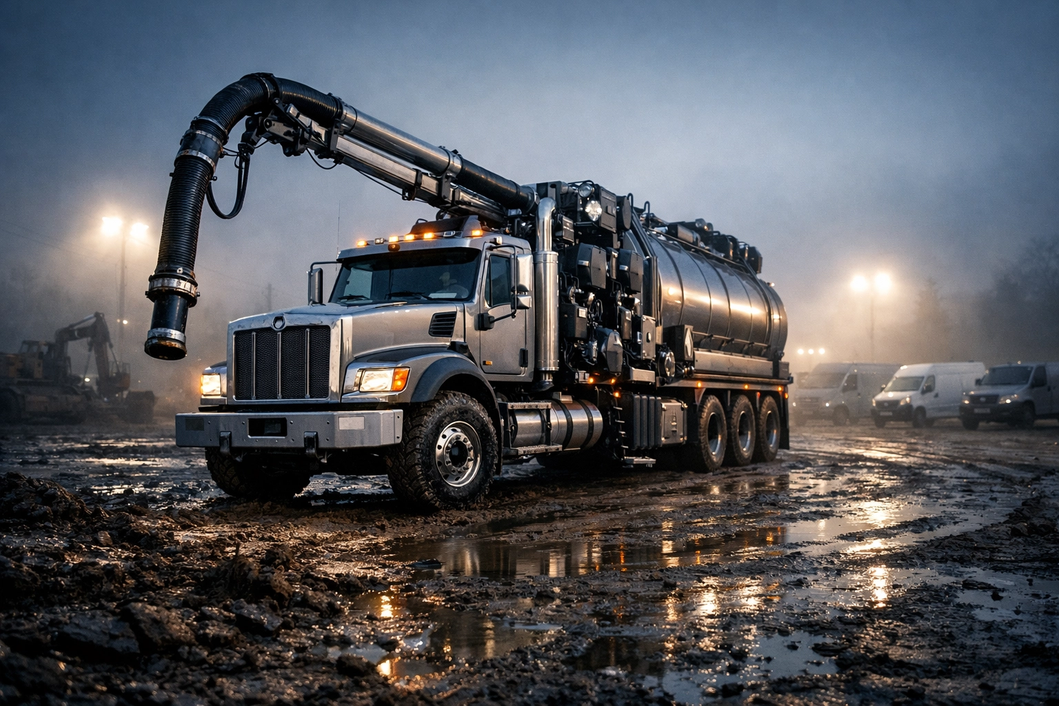 Specialized vacuum excavation rig parked on a misty industrial construction site.