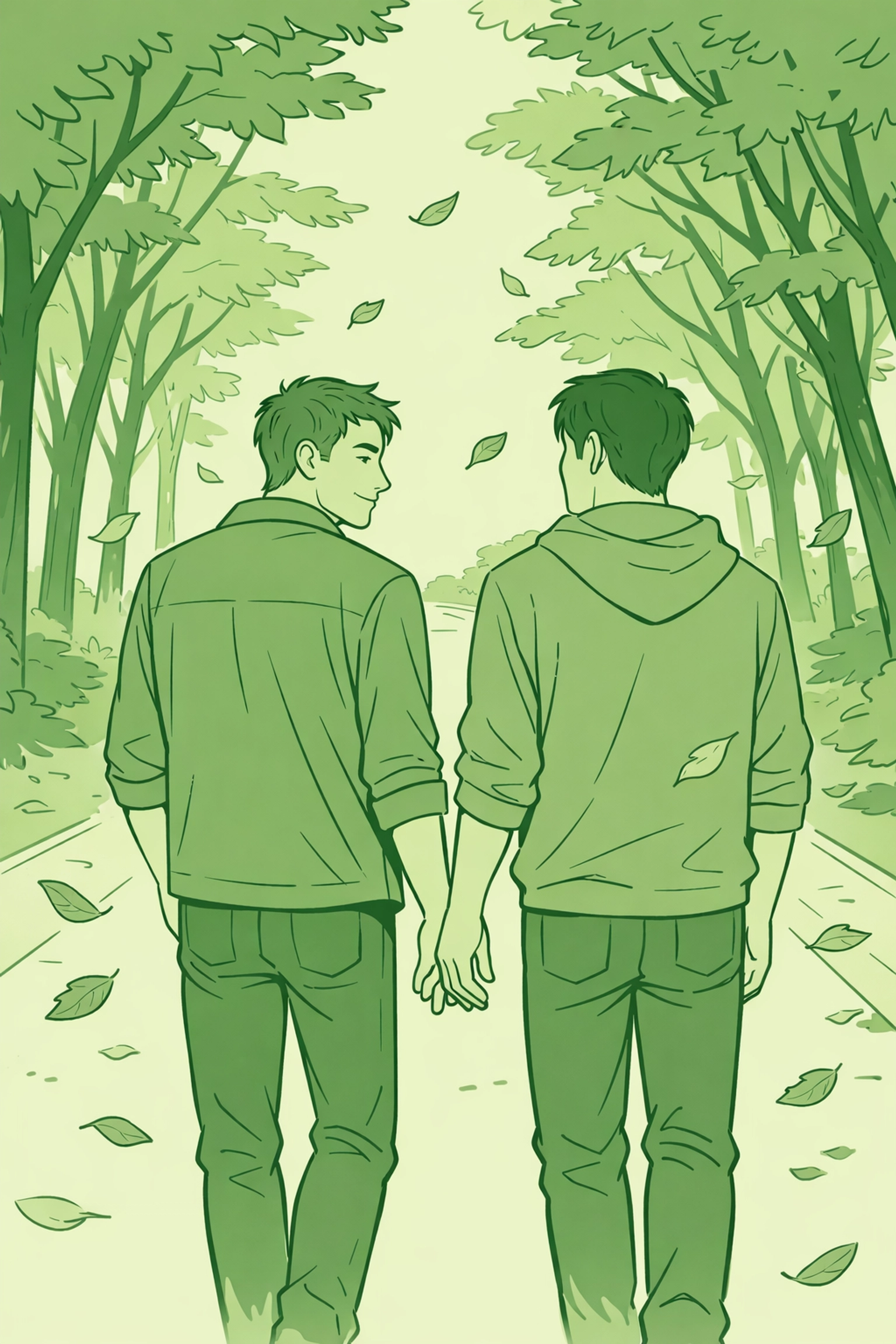 Two men walking together transitioning from friendship to romance in MM love story
