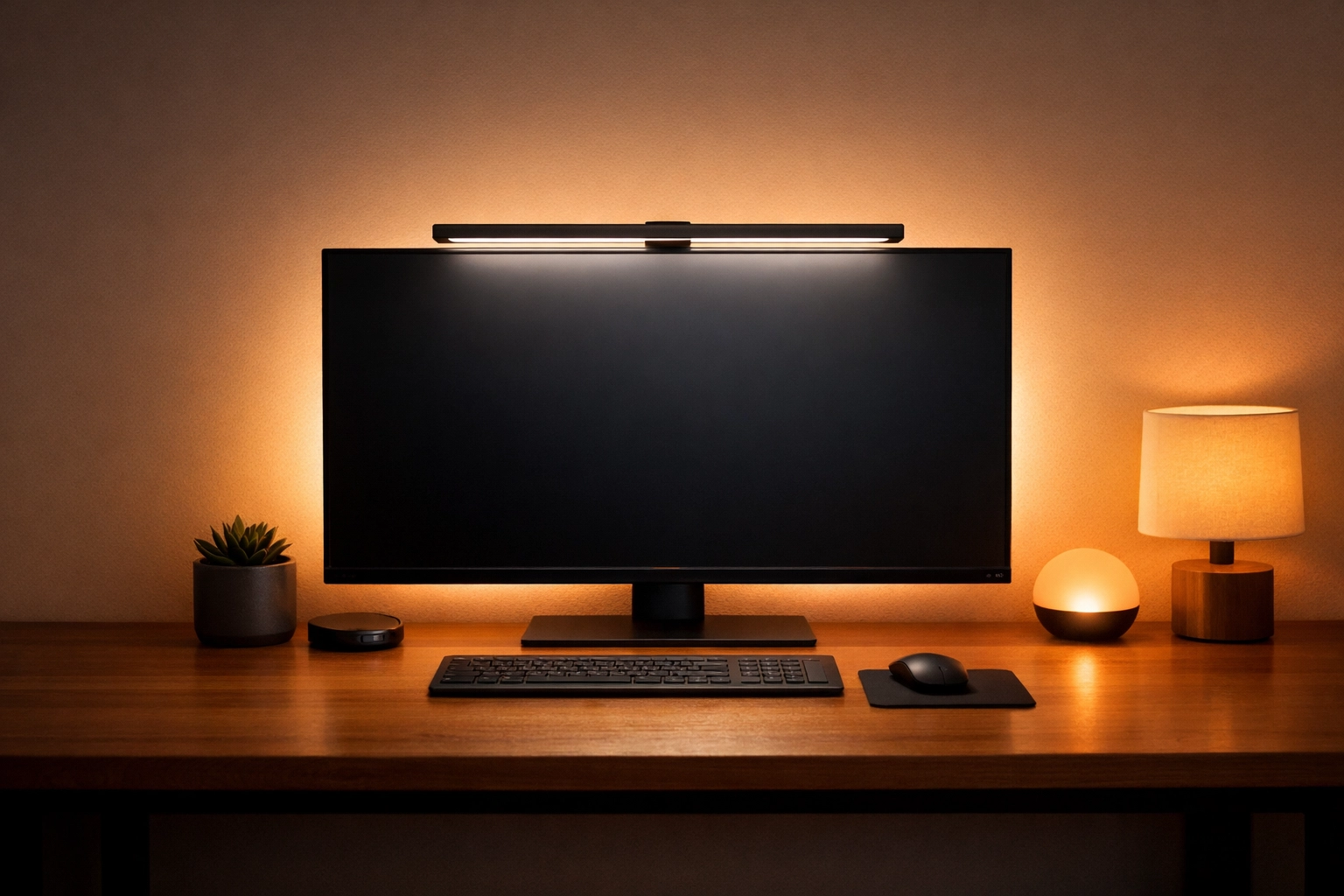 Minimalist workstation with a monitor light bar and smart ambient lighting