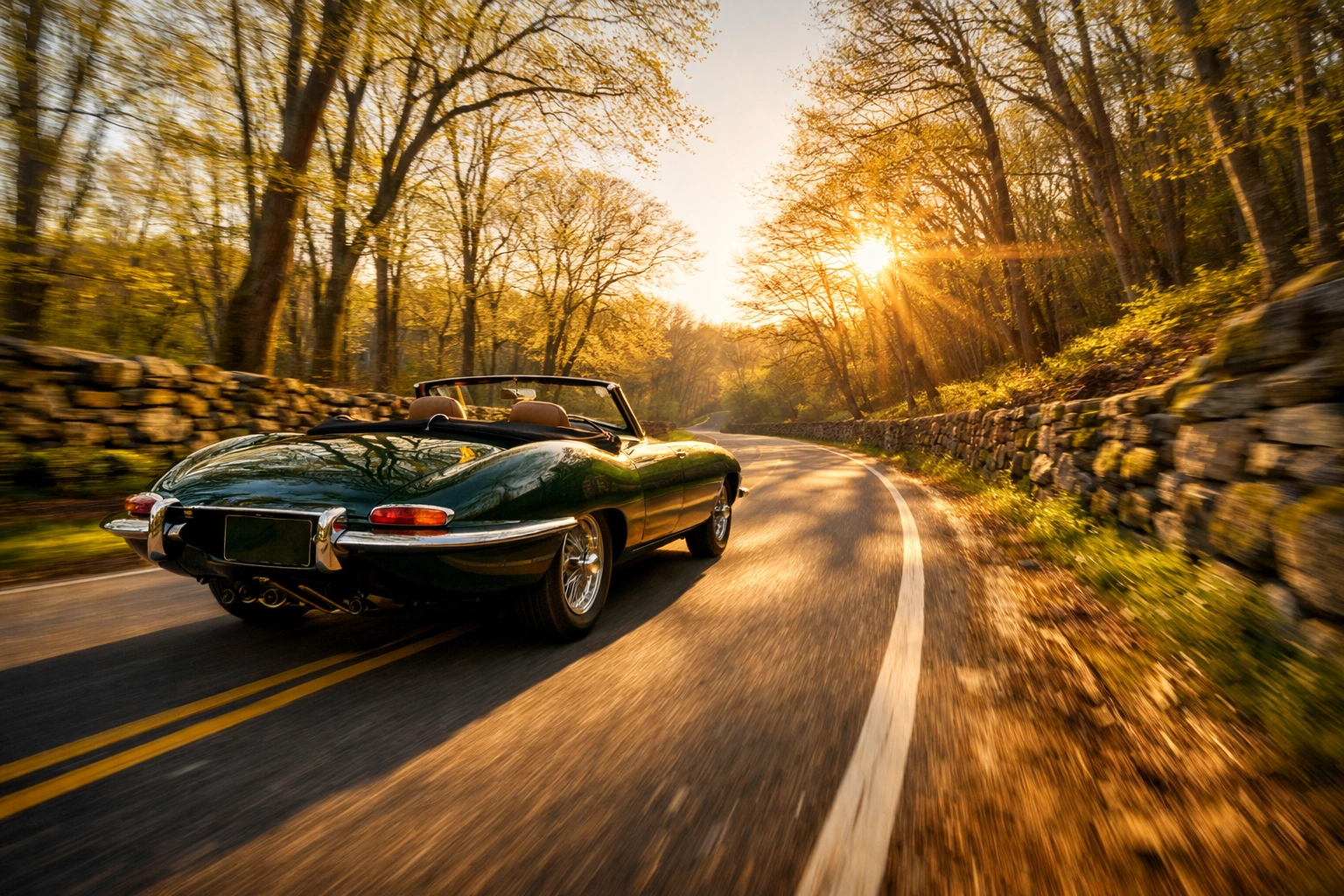 Classic Jaguar E-Type convertible cruising on a winding road in Litchfield Hills, Connecticut.