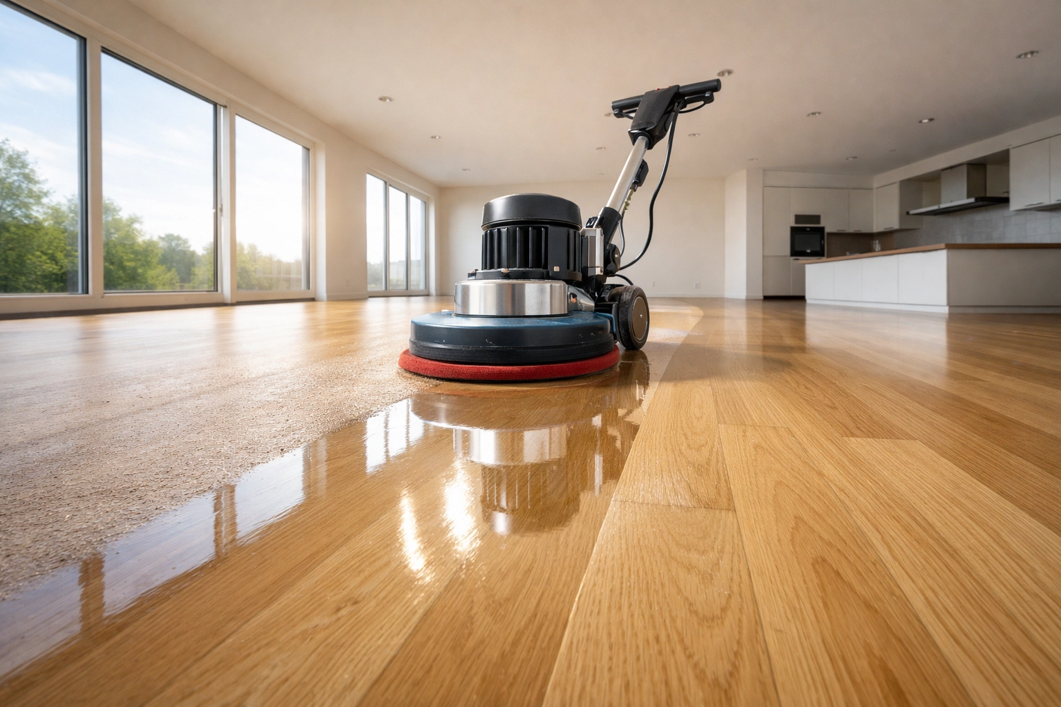 A professional floor polishing machine restoring shine to new hardwood floors in a Norwich building site.
