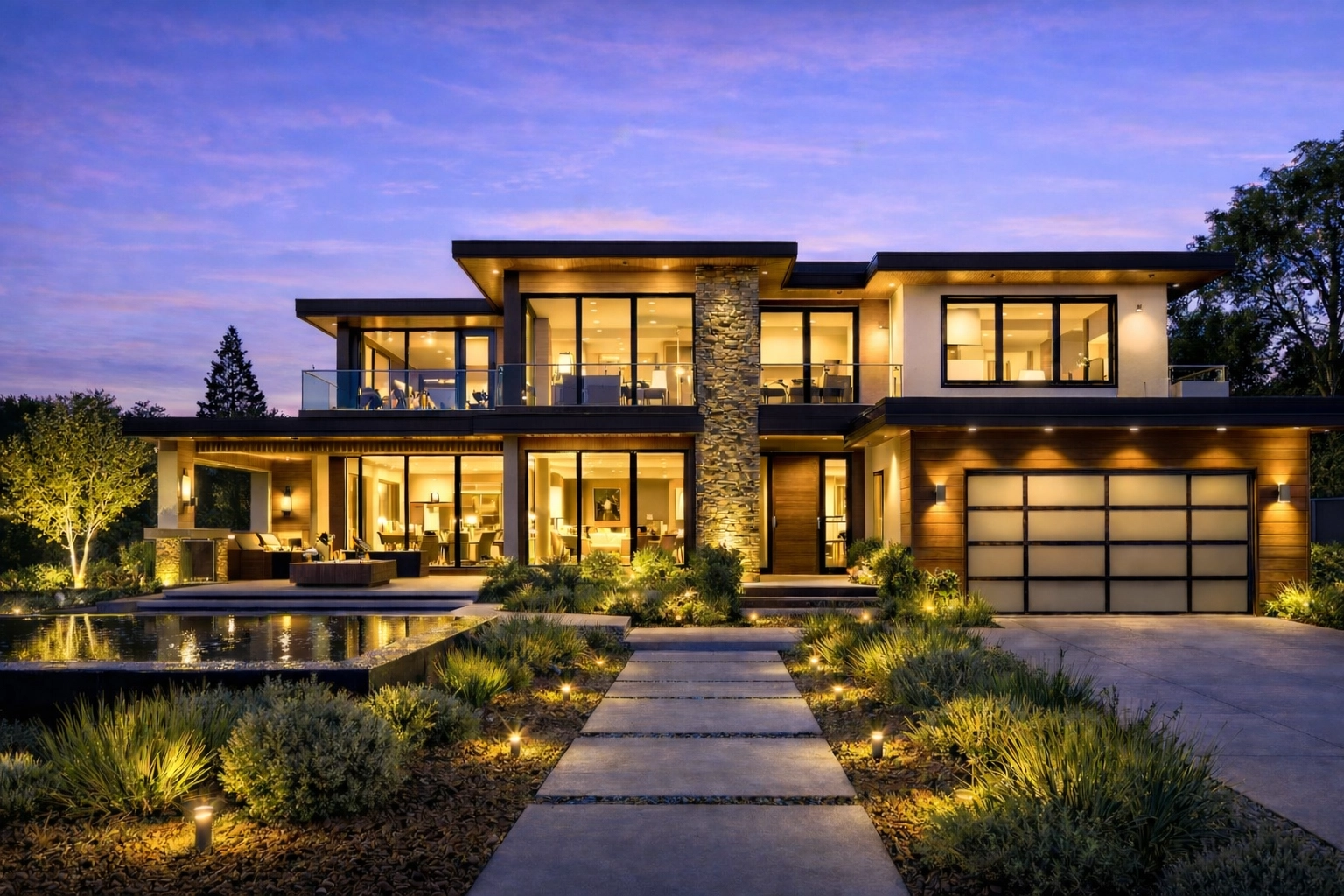 Bright, legible twilight exterior showing home form, front yard landscaping, warm window glow, and walkway lighting