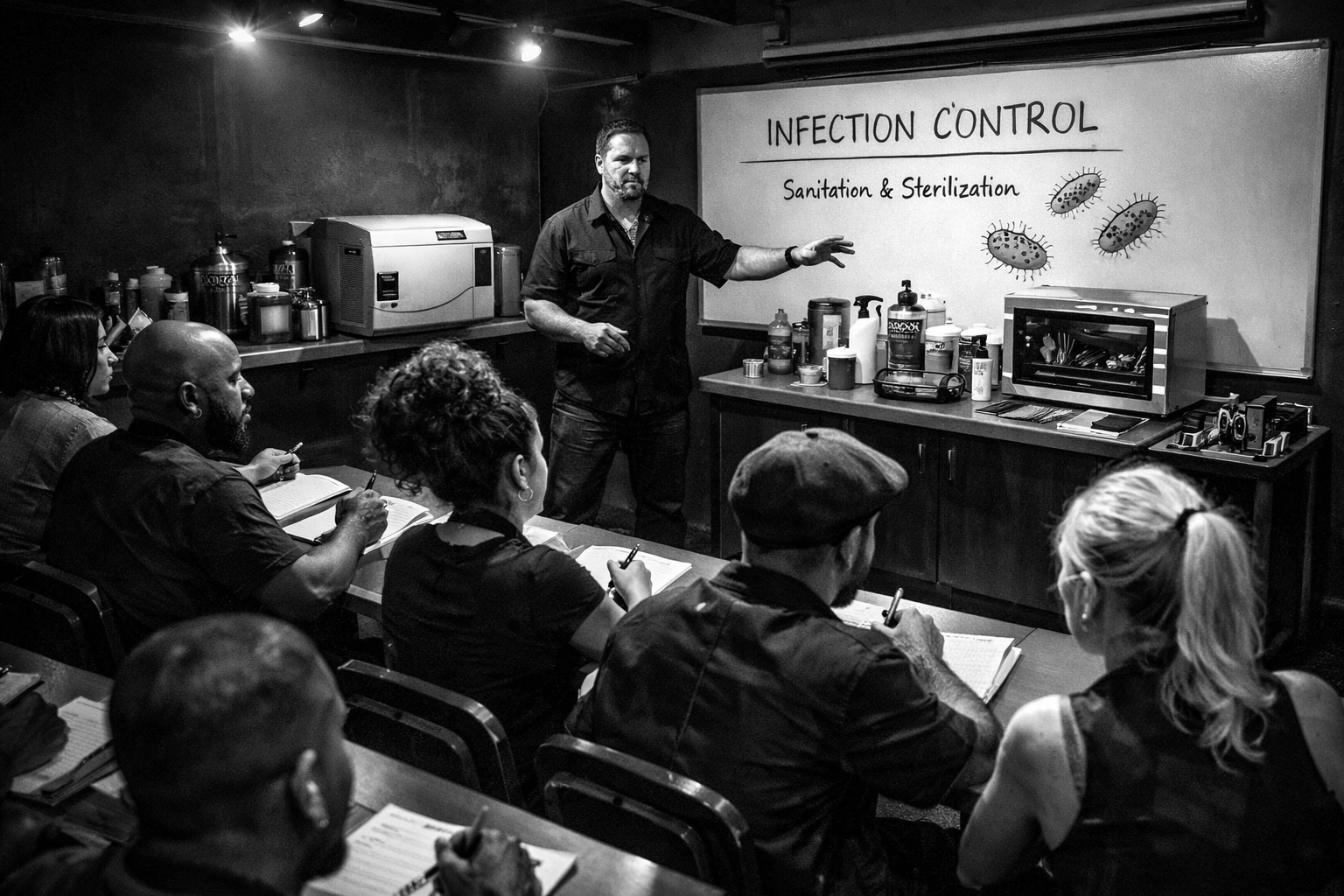 Licensed barbers attending continuing education infection control class in Middletown Ohio