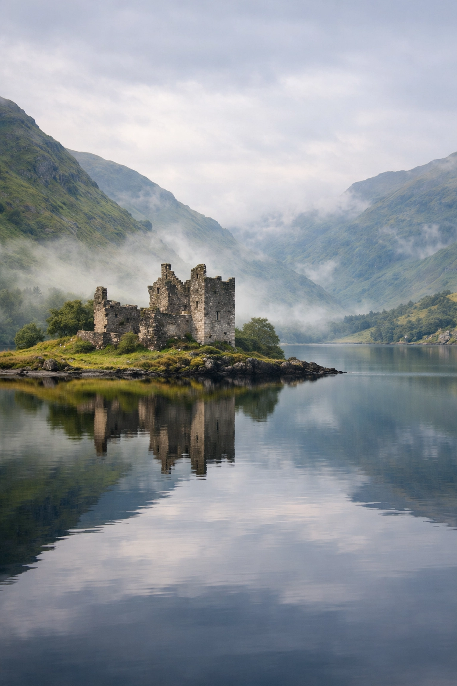Ancient castle ruins on a misty Scottish loch during a guided Highland walking tour.