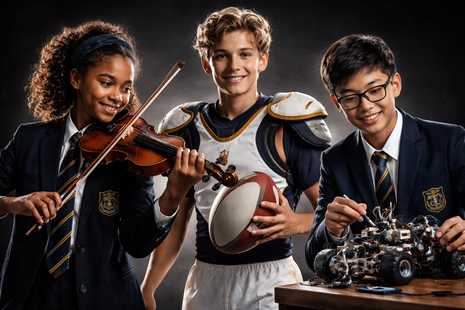 Private school students in uniform participating in music, sports, and robotics activities showcasing co-curricular excellence