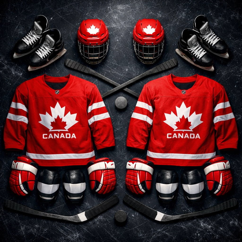Canadian Olympic hockey equipment with maple leaf jerseys and gear on ice