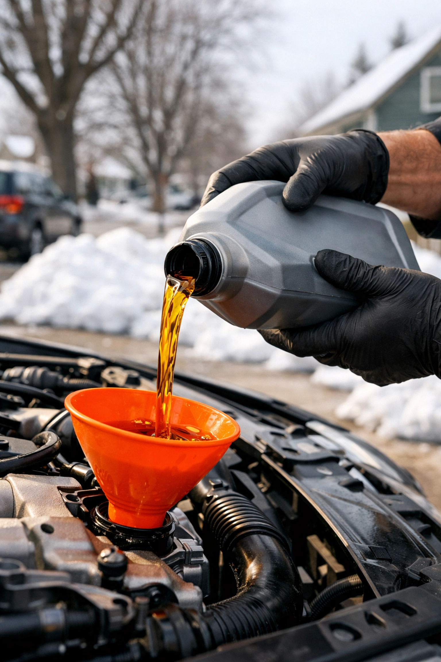 Mobile oil change service being performed on a residential Green Bay street during winter.