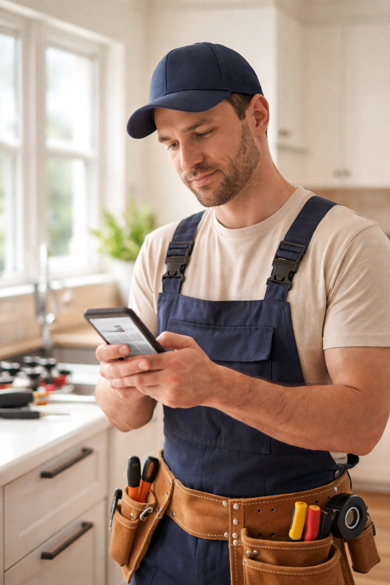 Electrician reviewing Google search results on smartphone to improve local marketing visibility