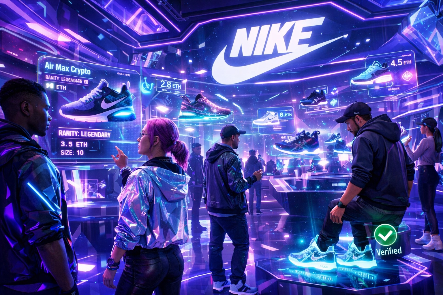 Avatars shopping in futuristic metaverse store with holographic products and VR/AR interfaces