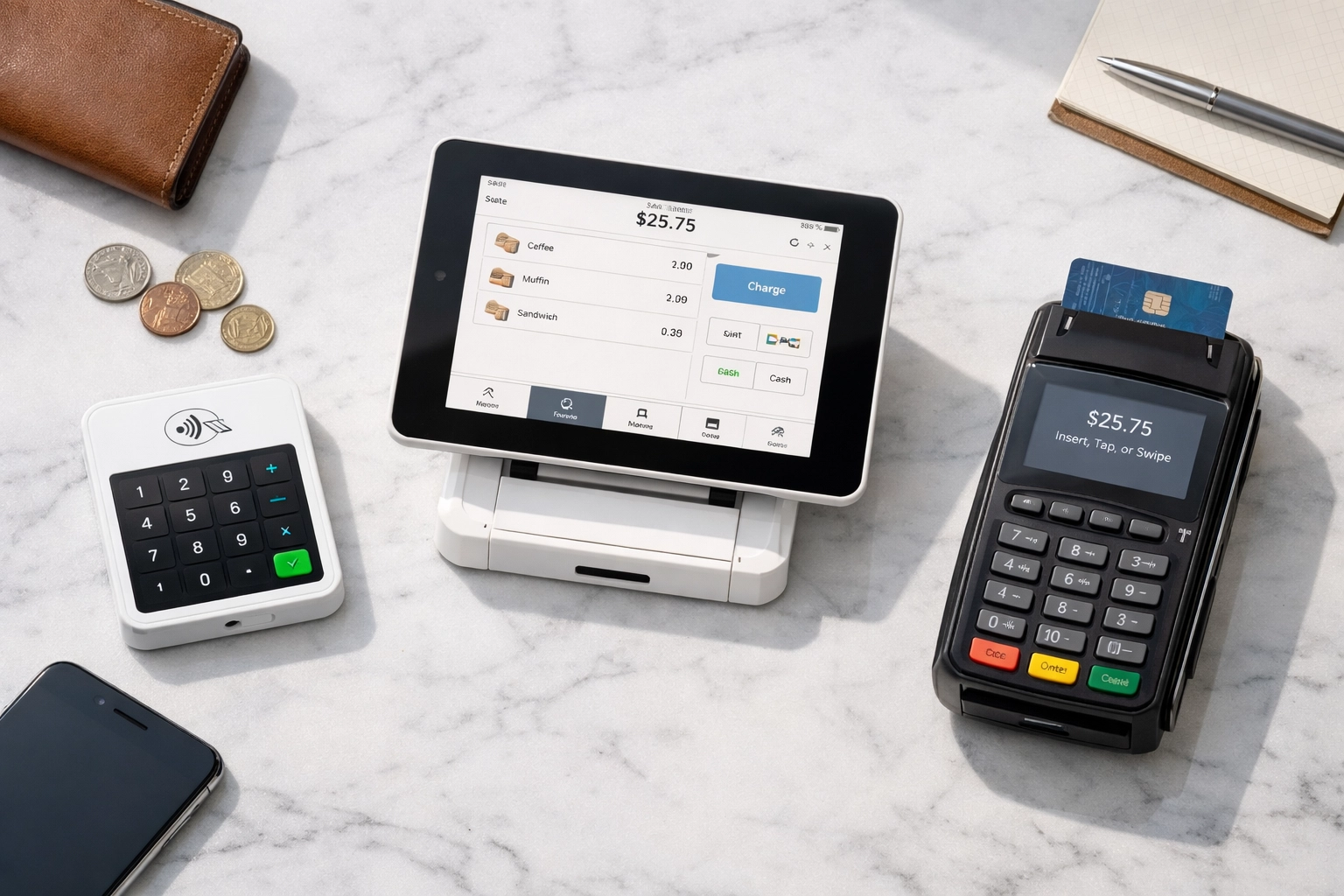 Three different POS card readers comparison - mobile, tablet and countertop terminals