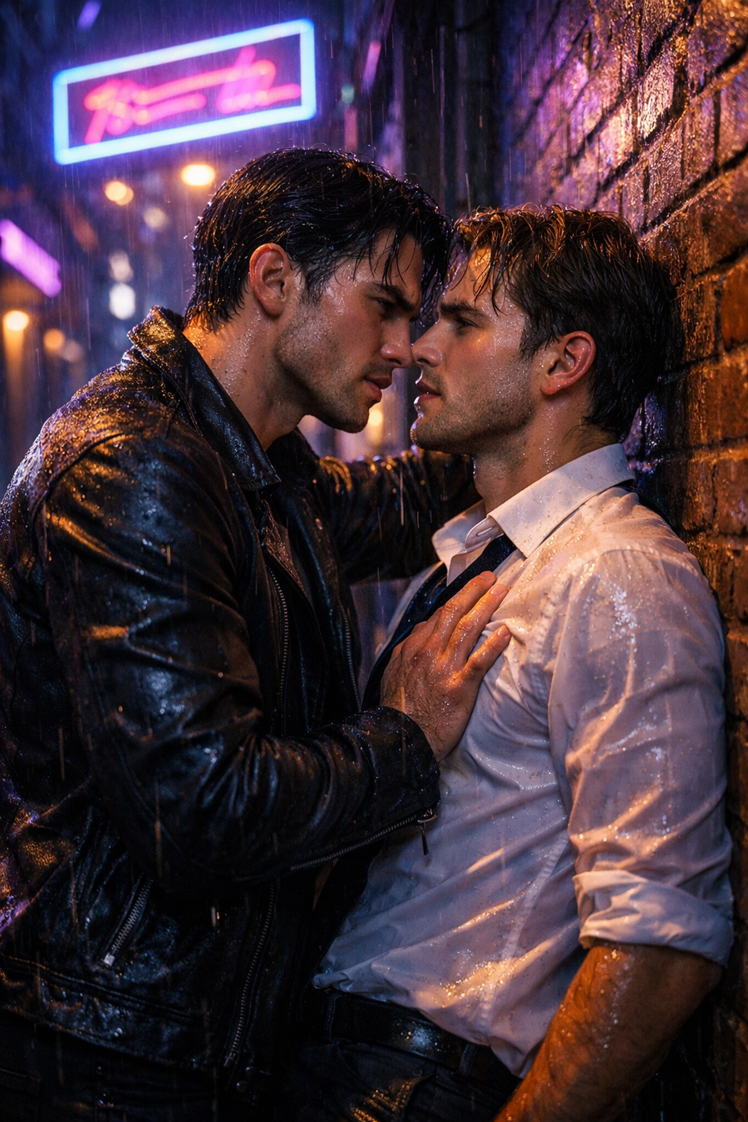 Romantic scene of two men illustrating popular enemies to lovers MM romance book tropes.