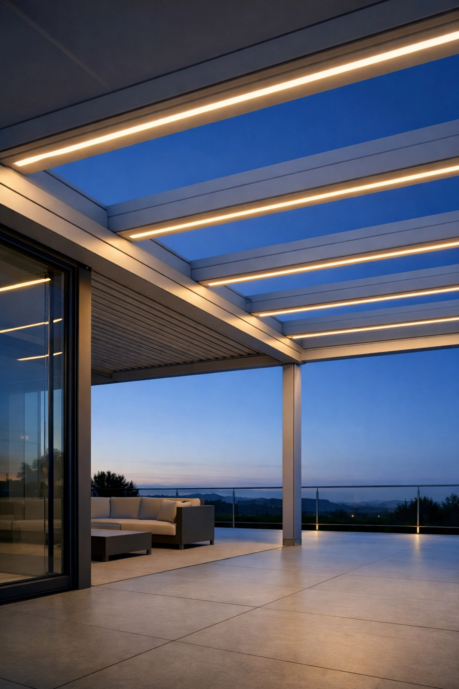 Hochwertige Terrassenüberdachung Wien mit integrierter LED-Beleuchtung für exklusives Outdoor-Living.