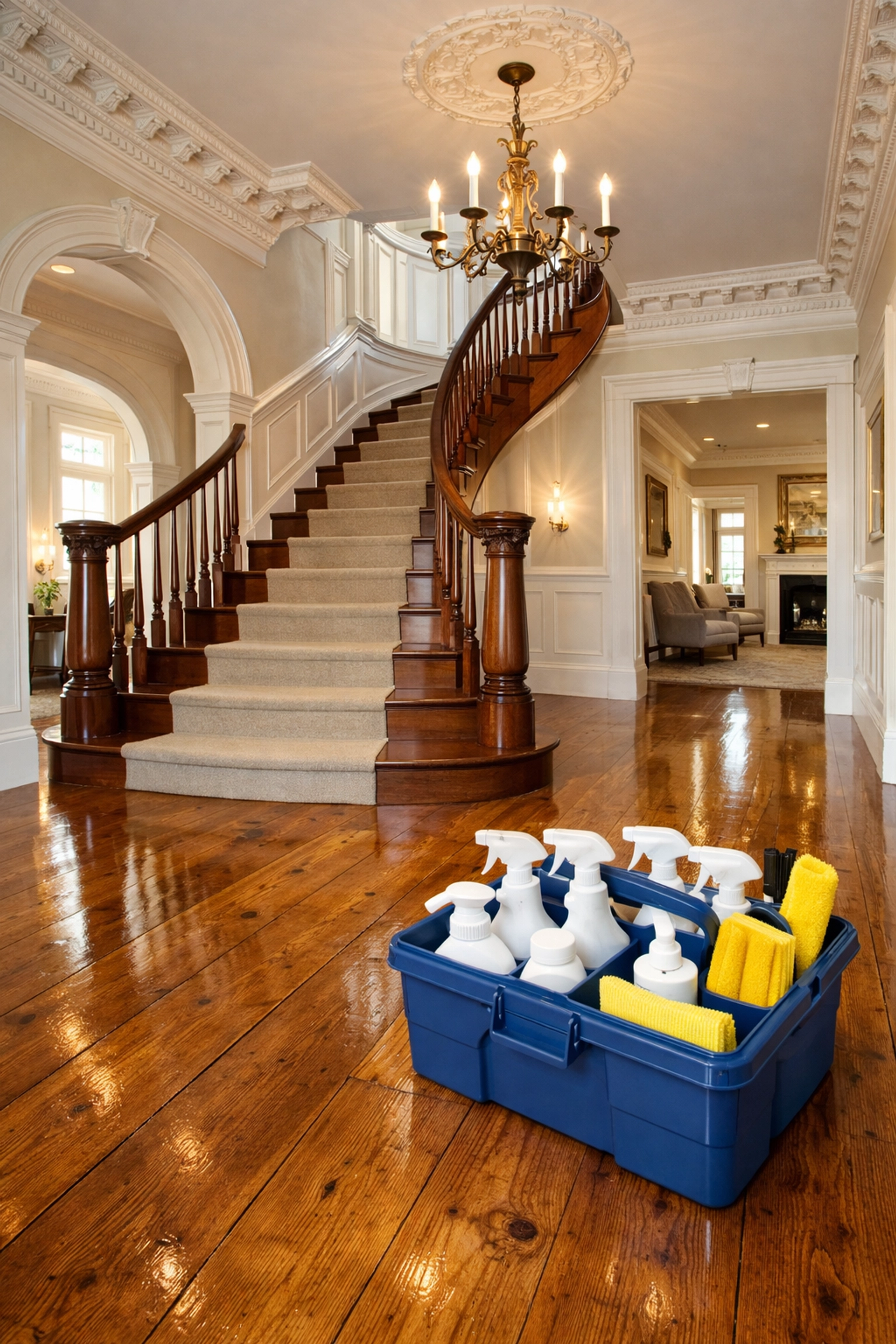 A grand Newton estate foyer showing the results of professional luxury house cleaning.