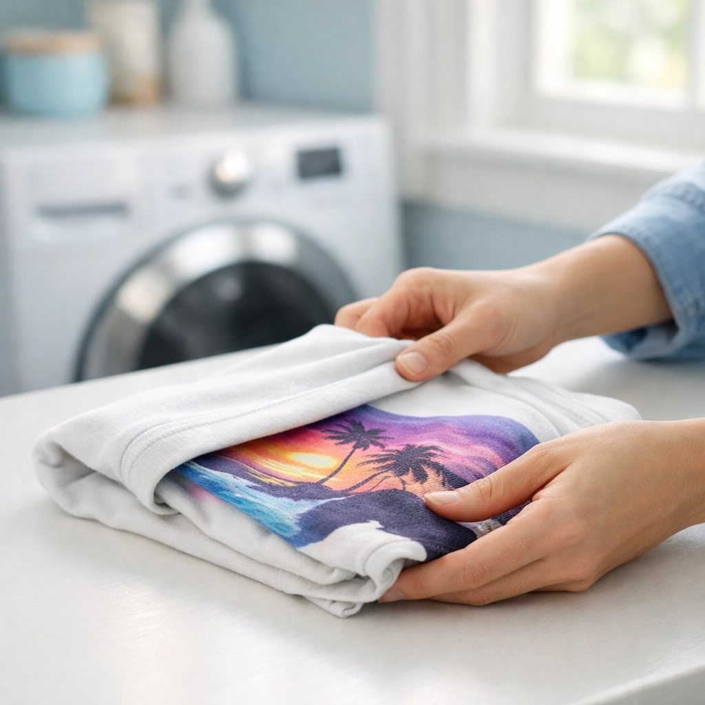 Folding a custom DTF printed t-shirt inside out for proper washing care