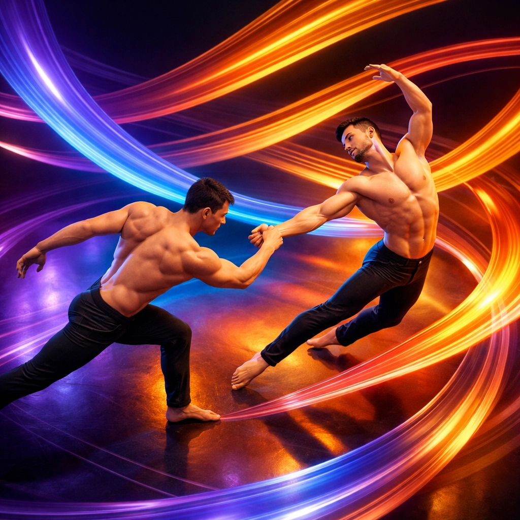 Two men in dynamic flow showing complementary movement and passionate connection