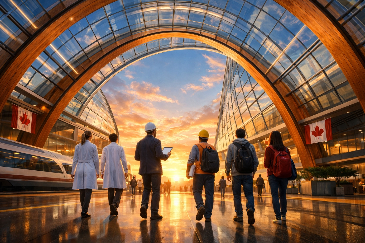 Skilled workers and students in a modern Canadian hub, reflecting the future of immigration and economic growth.