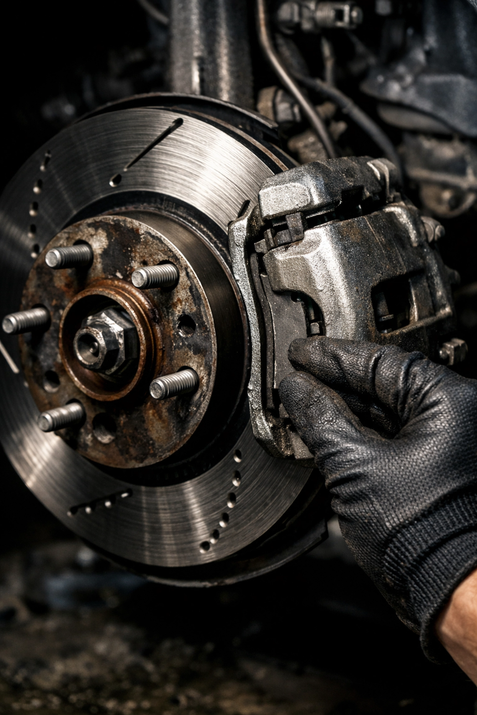 A technician inspecting brake pad thickness and rotors to ensure vehicle safety in Green Bay.
