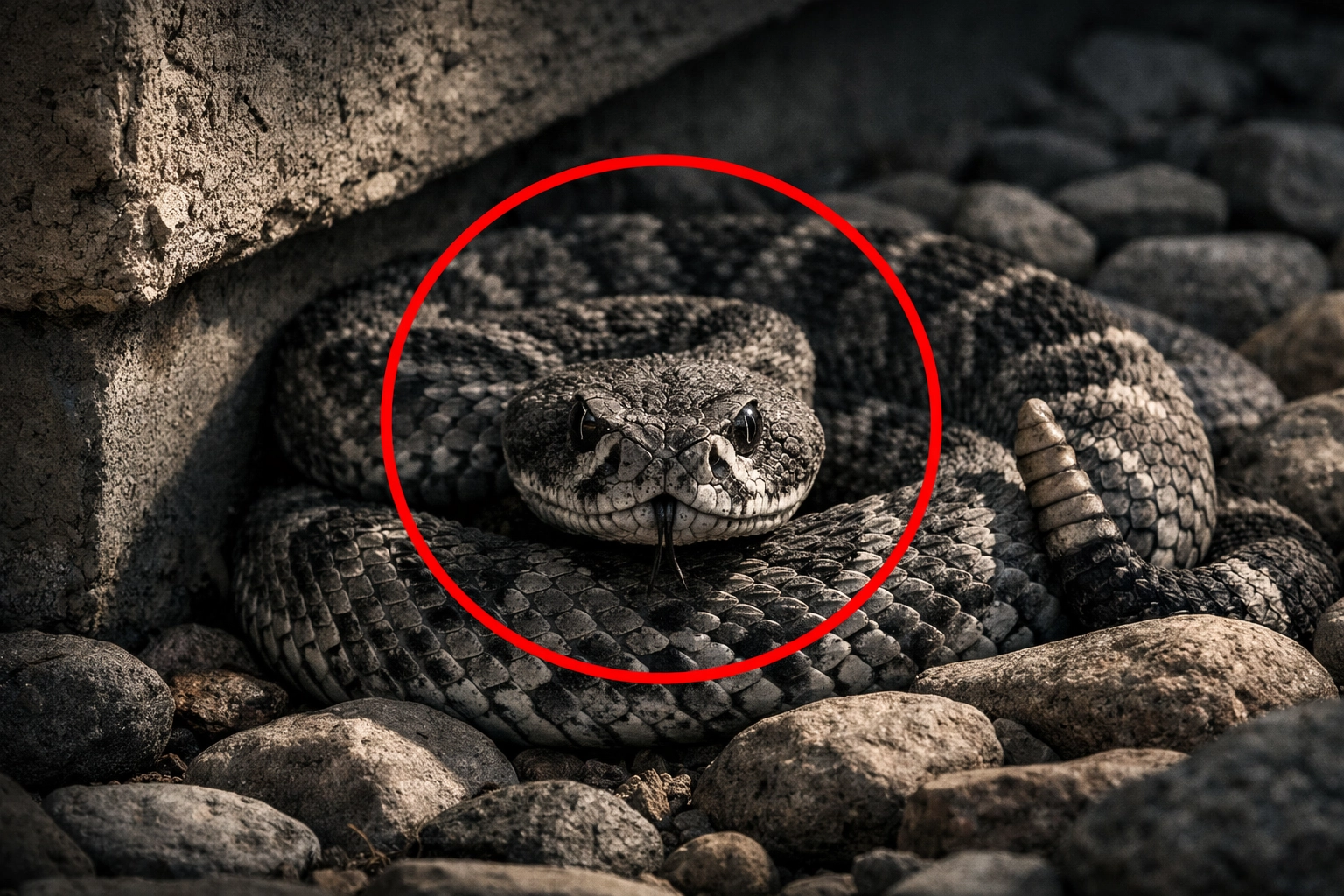 A rattlesnake coiled near a home foundation in San Tan Valley, requiring professional exclusion.