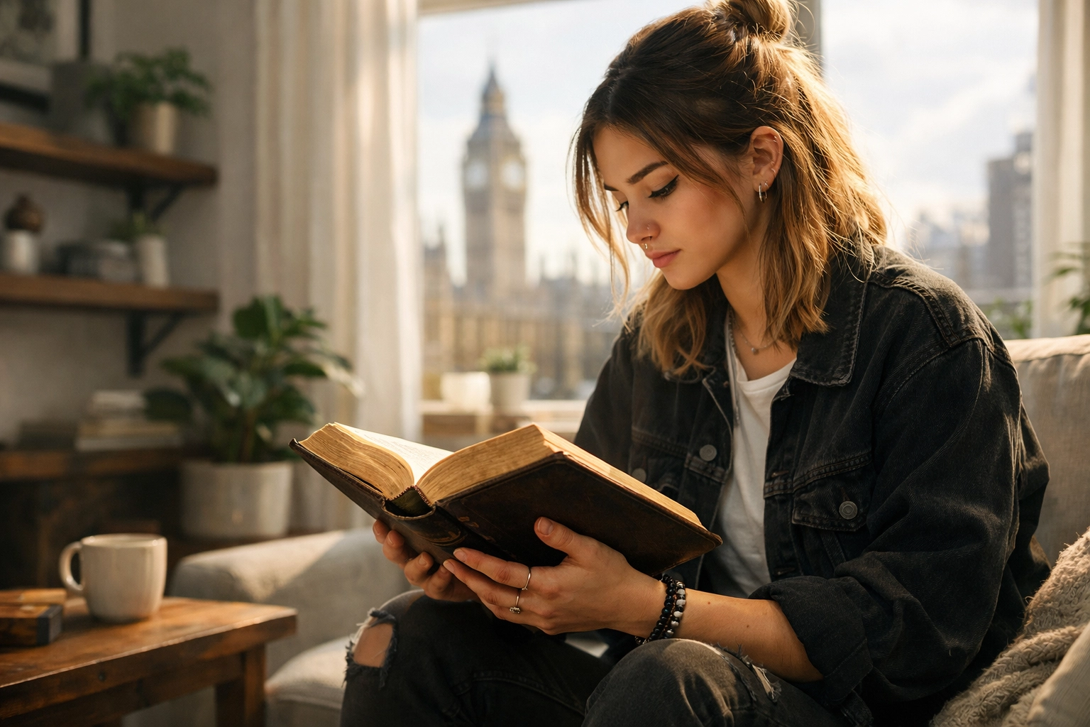 A young Gen Z woman reading a leather-bound Bible in a sunlit London apartment.