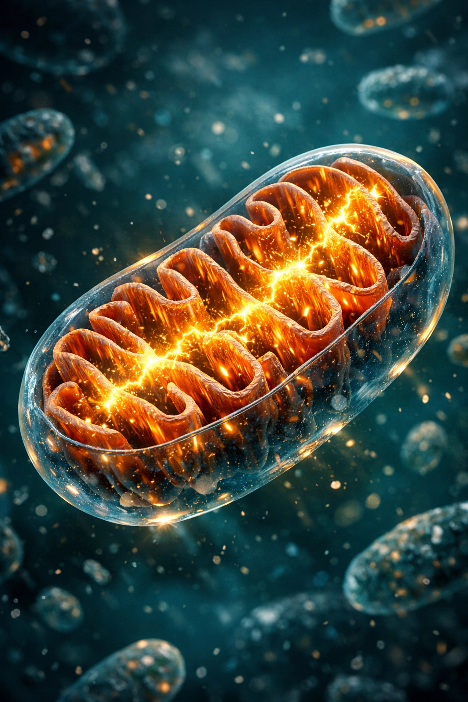 Microscopic view of a mitochondrion generating ATP energy for cellular metabolism.