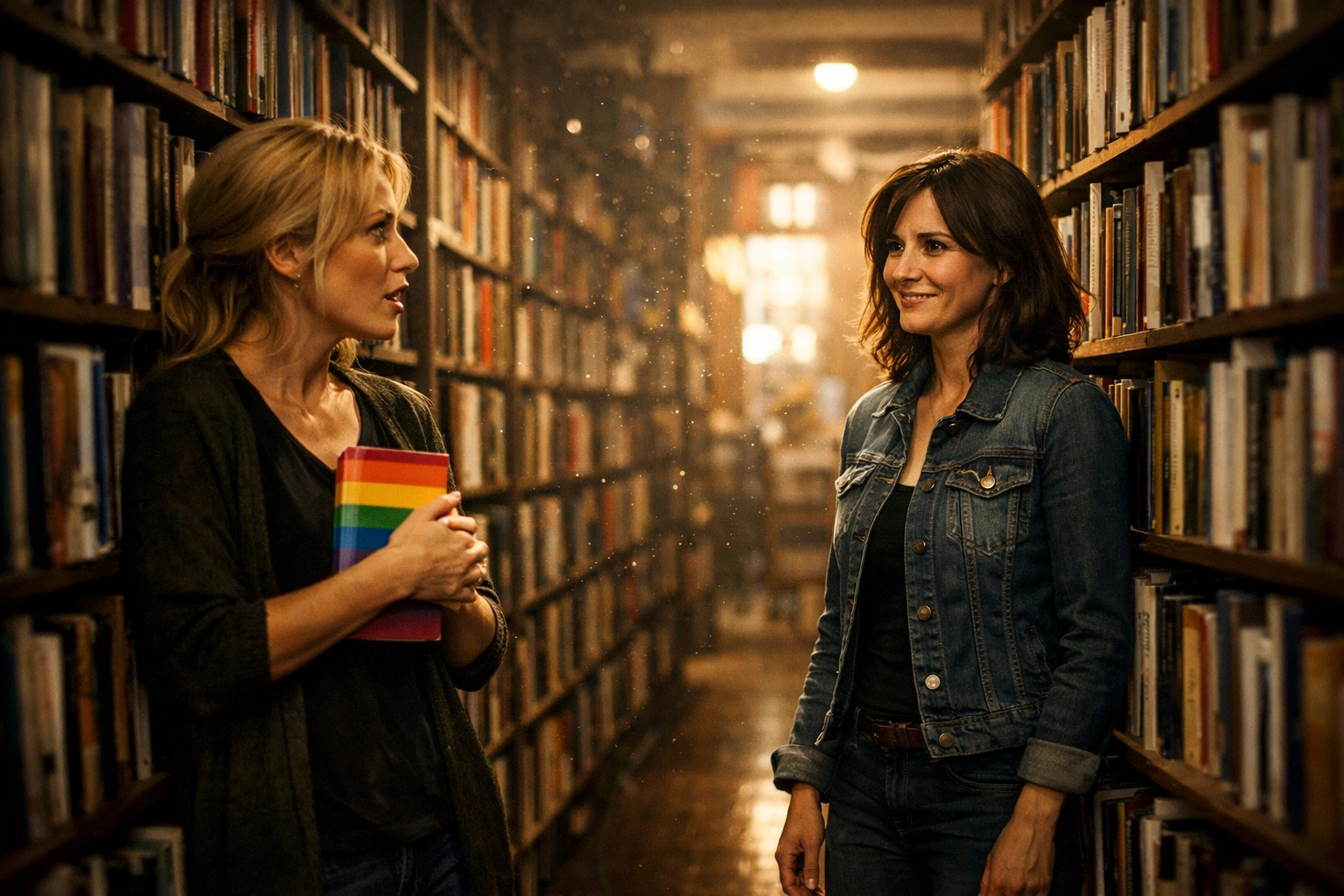 Two women reunited in a bookstore aisle, a perfect scene for a short gay love story writing prompt.