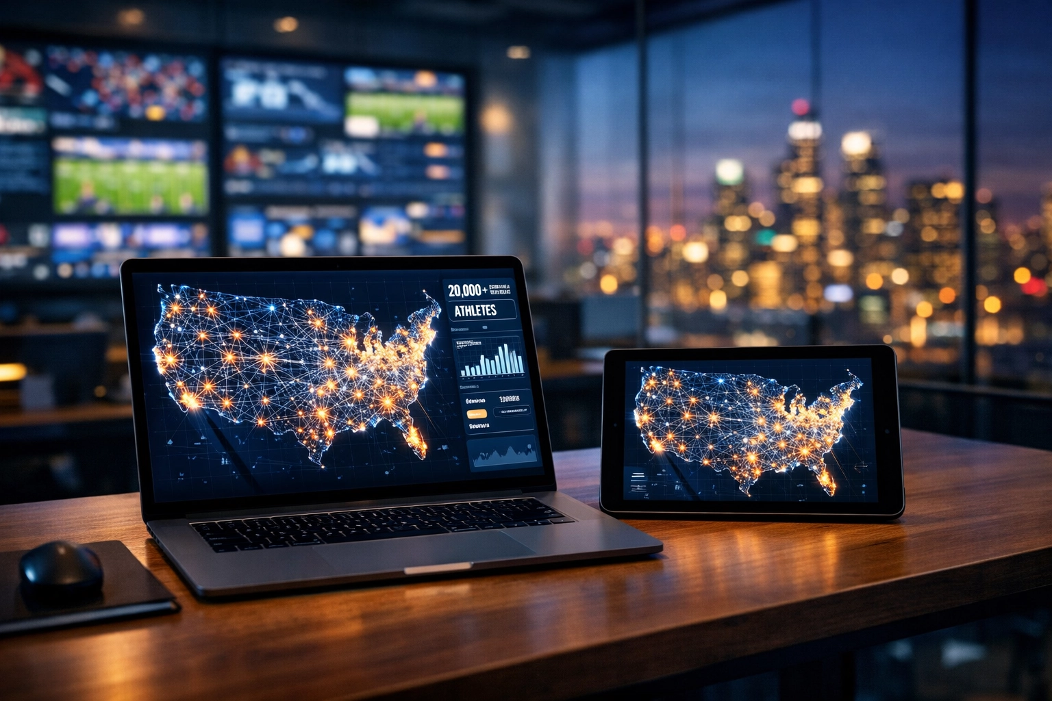 Modern sports marketing dashboard managing a network of 20,000 student-athletes for NIL campaigns.