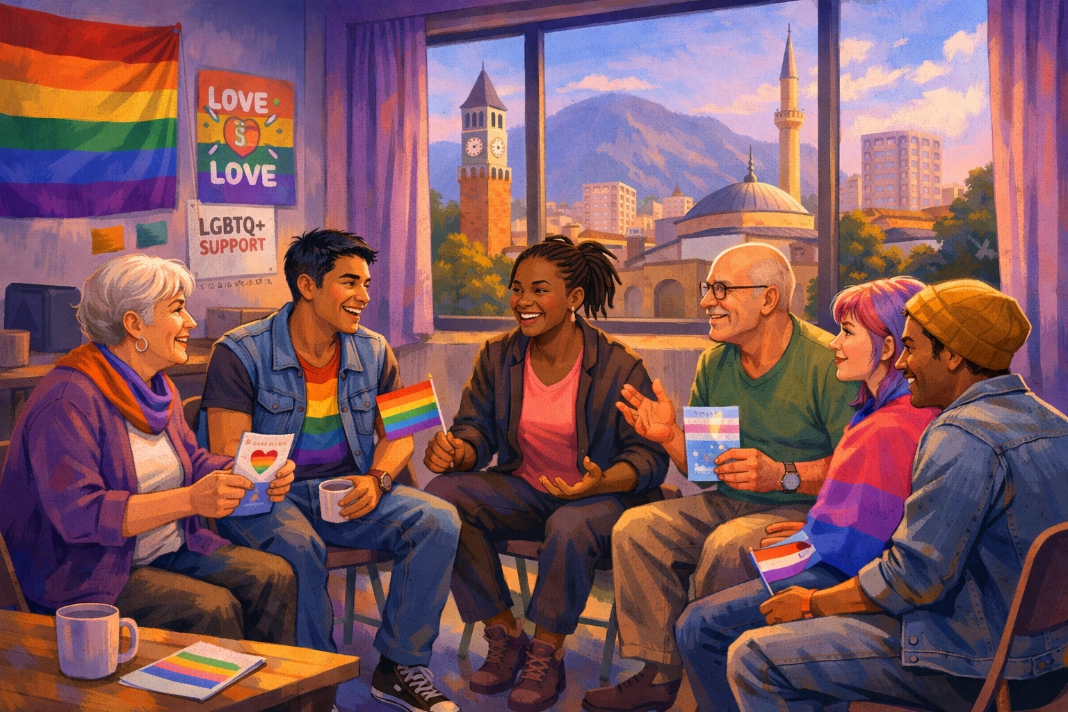 LGBTQ+ activists meeting in Tirana community center advocating for Albanian rights