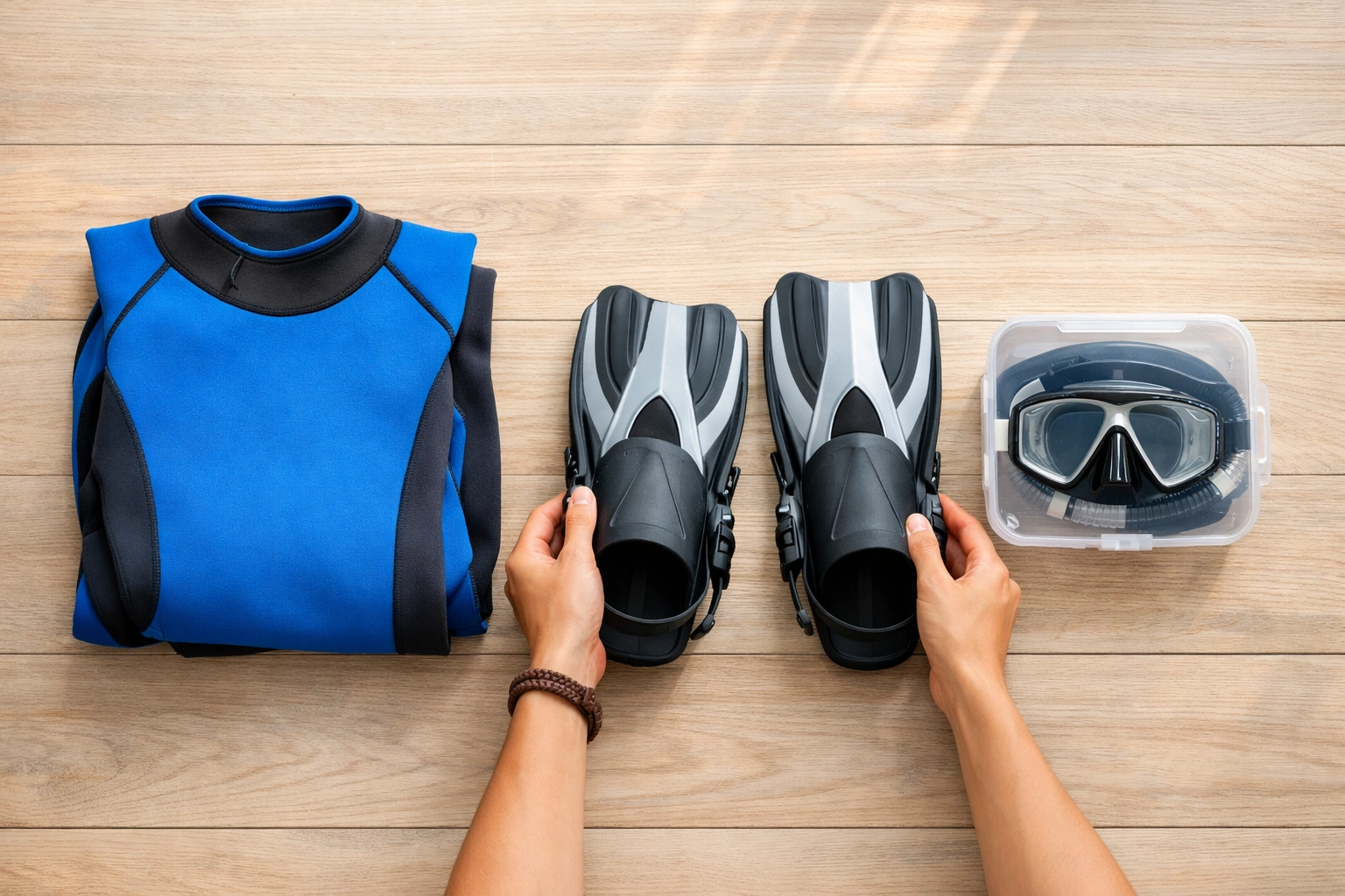 Neatly organized scuba equipment including a wetsuit and travel fins for a dive trip.