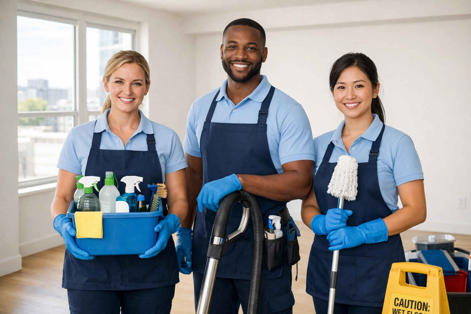 Professional cleaning crew ready for apartment turnover and make-ready service