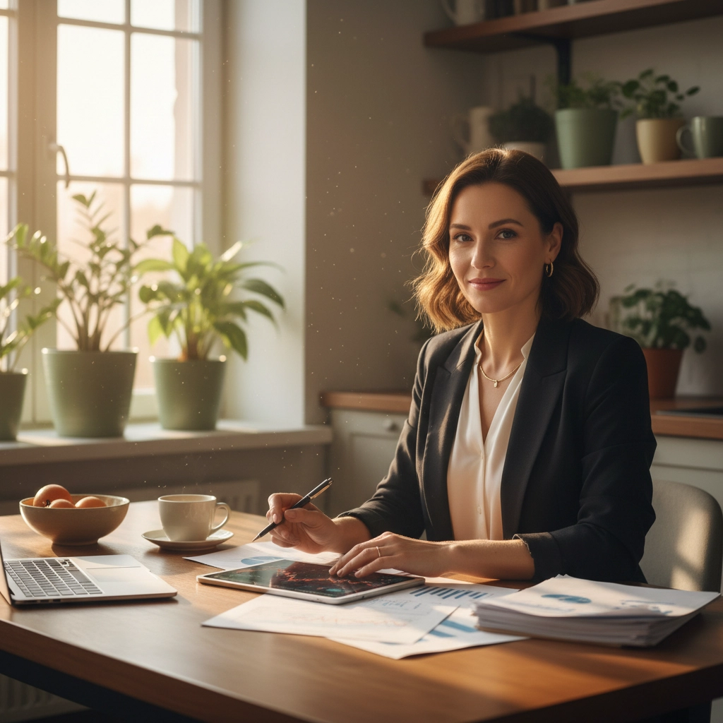 A woman is sitting a a desk in her home office. She is smiling at the camera, while holding a pen. Her left hand is resting on a tablet; there is paperwork around her with a cup of coffee and a bowl of fruit next to her on the left. Bitcoin and Cash: The Ultimate Showdown for the Future of Money Bitcoin and Cash: The Ultimate Showdown for the Future of Money