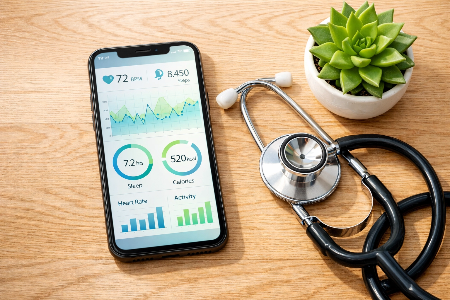Smartphone showing health app data next to a stethoscope at a functional medicine clinic in Memphis.