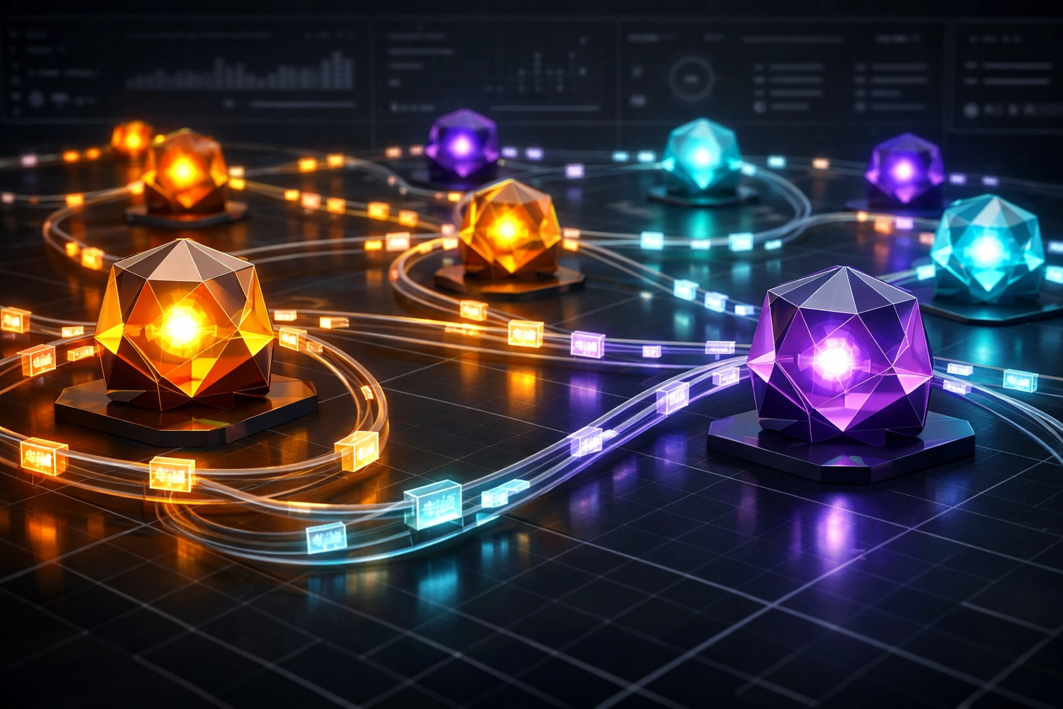 Orchestrated multi-agent AI workforce showing digital nodes communicating through an automated business network.