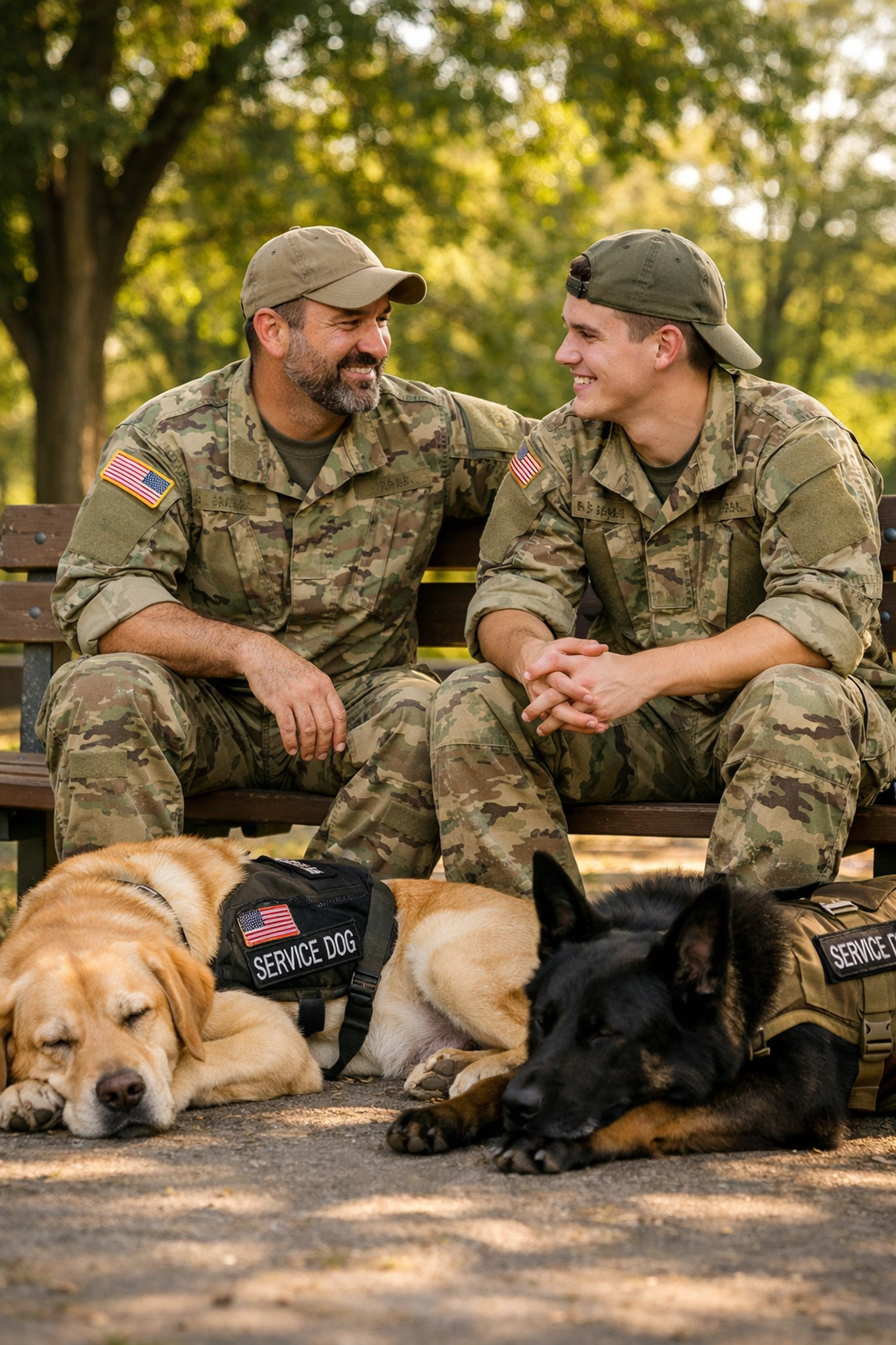Two LGBTQ+ male veterans bonding with service dogs showing community support and connection