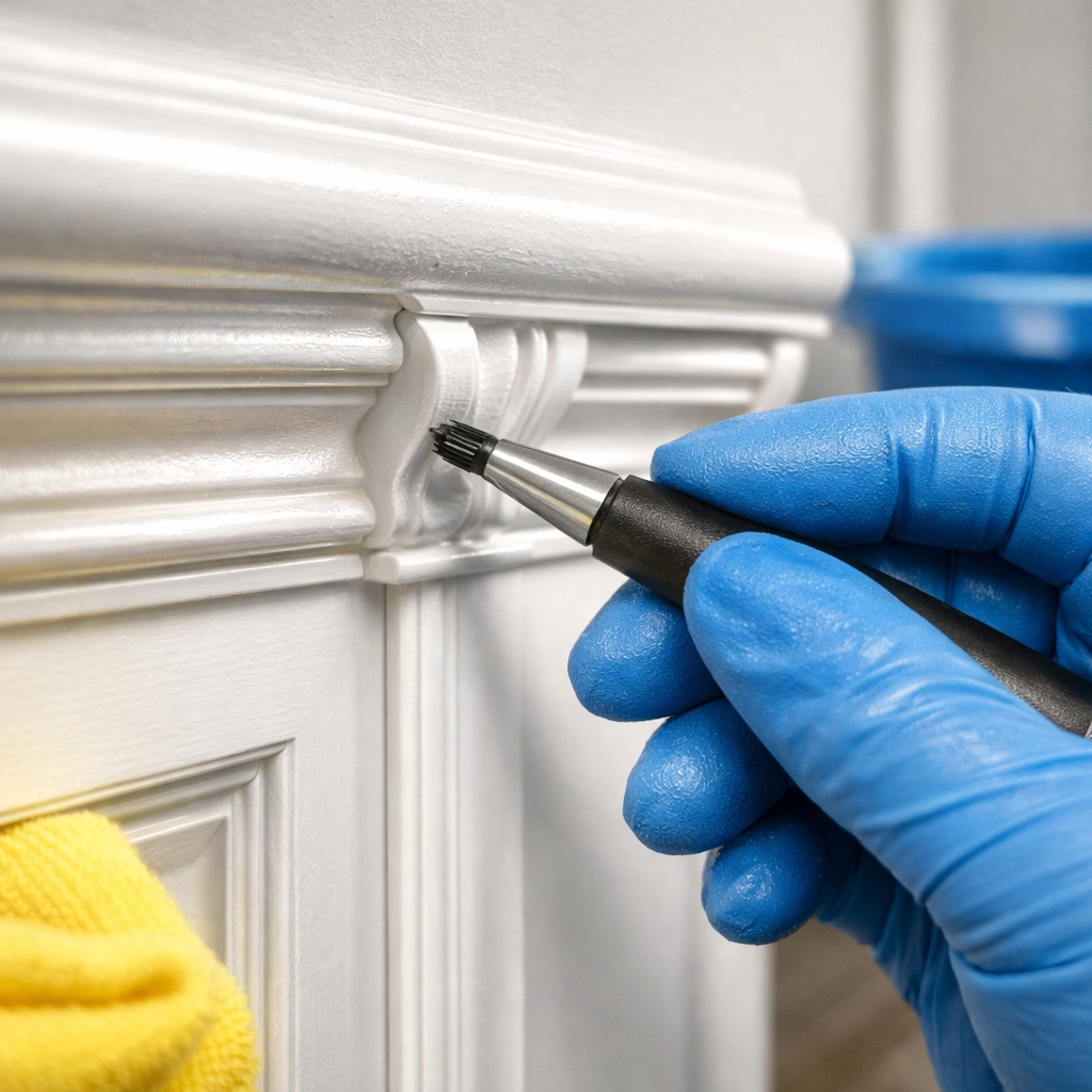 Detailed deep cleaning of intricate home trim and baseboards by a professional in a MetroWest home.