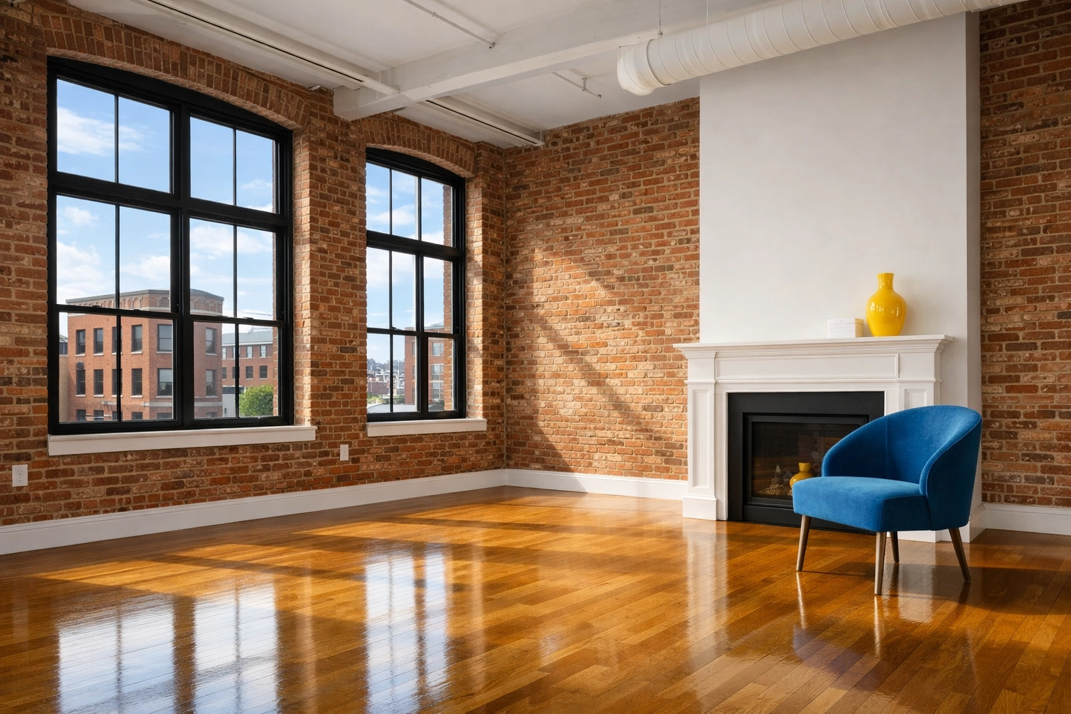 A sun-drenched, empty loft in Worcester's Canal District featuring clean floors and professional property turnover.