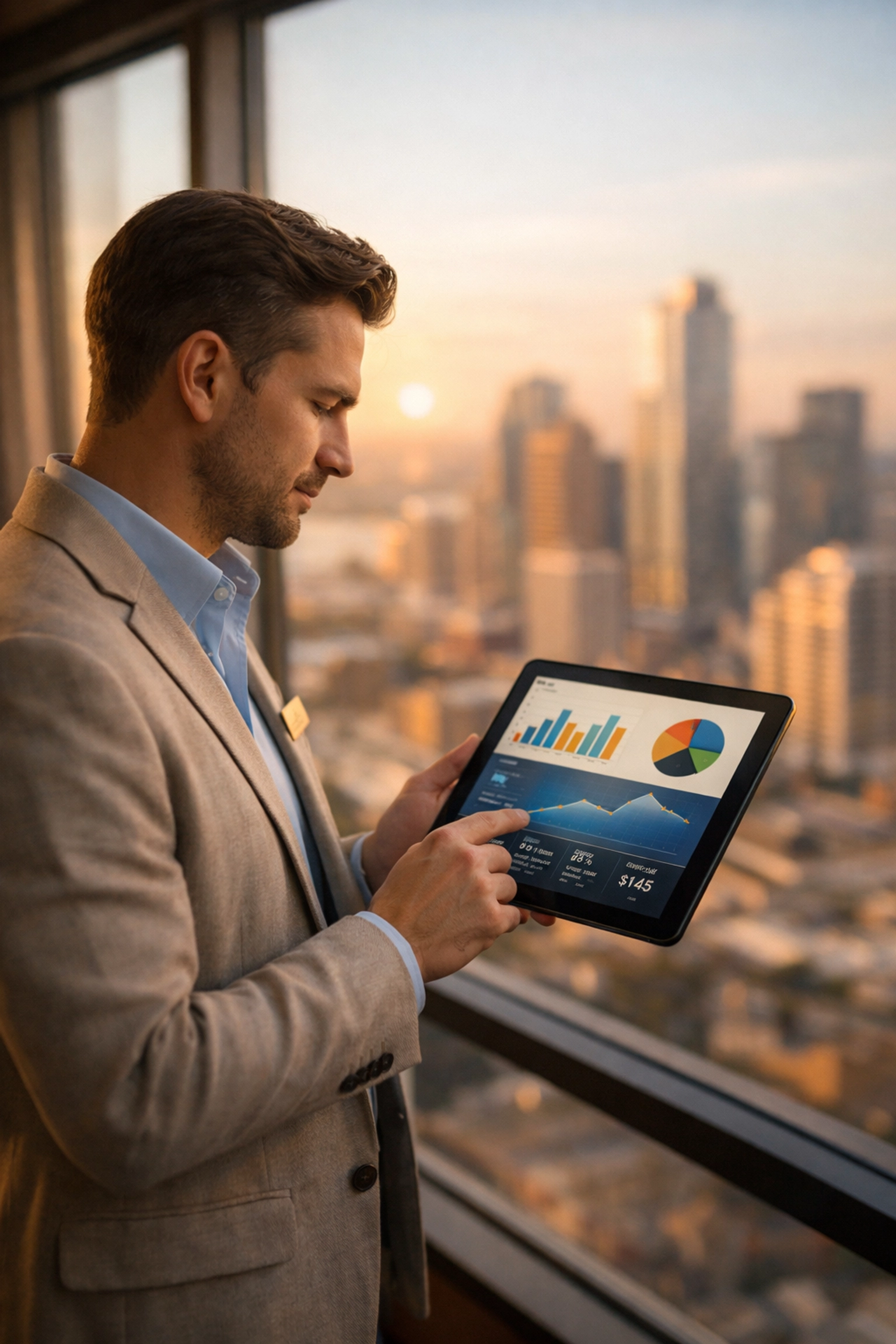 Hotel manager analyzing PMS reports and booking data on tablet for revenue optimization