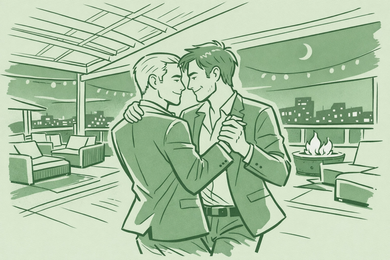 Men dancing together at rooftop gay bar celebration with city lights