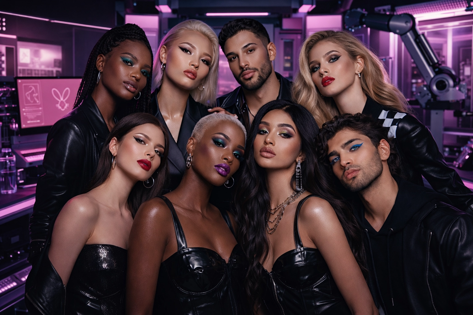V KWEEN SOCIETY Group Portrait Eight diverse models wear glamorous, full-face V Kosmetik makeup