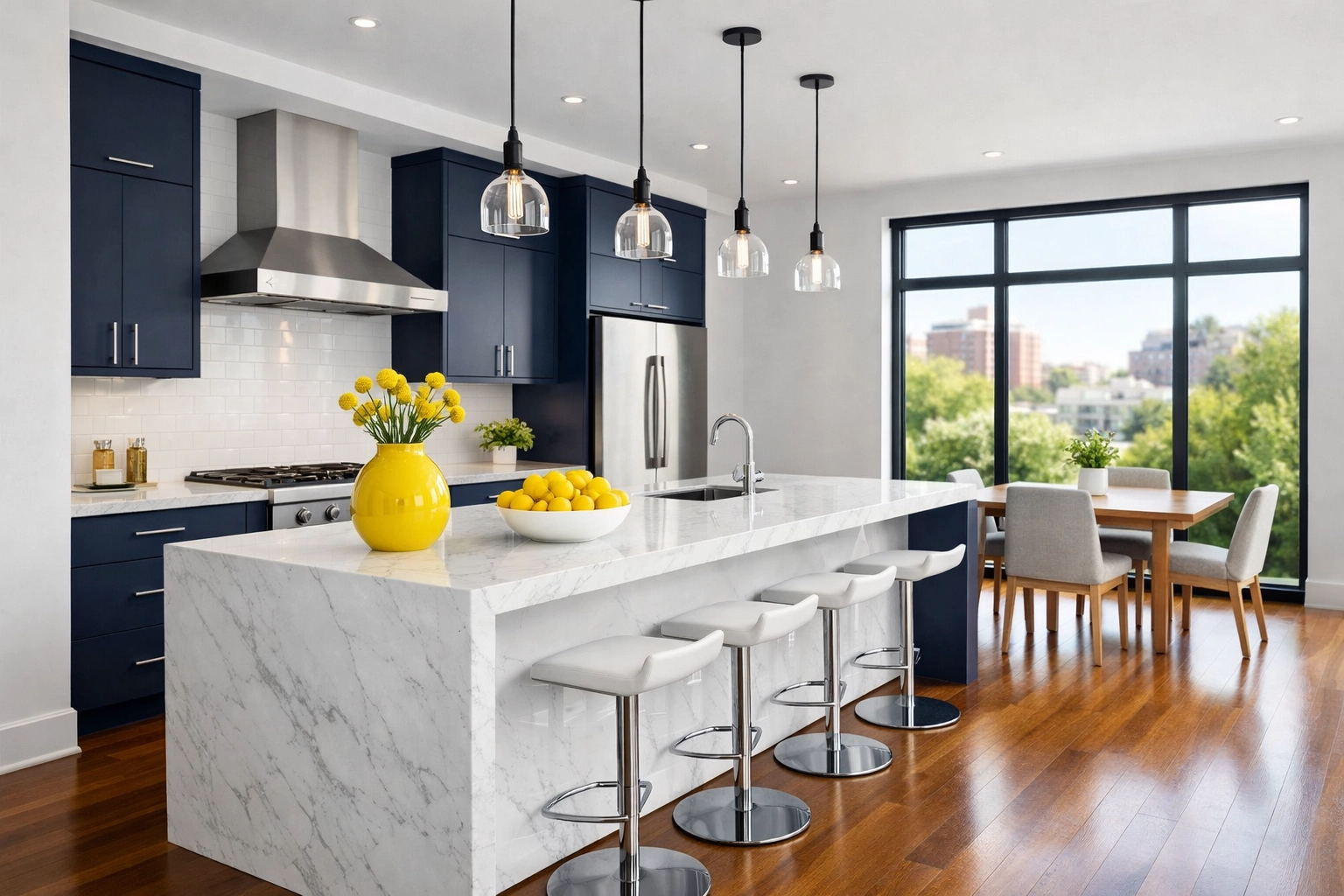 Pristine modern kitchen with marble surfaces cleaned by professional house cleaning Worcester MA services.