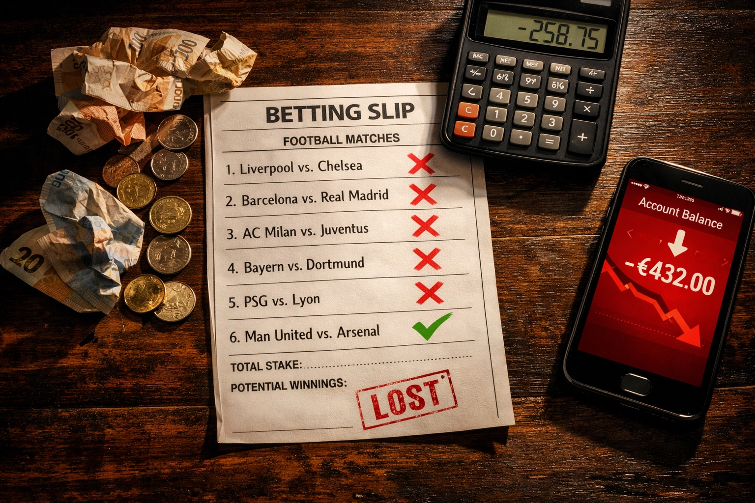 Kombiwetten Verluste: Wettschein mit durchgestrichenen Tipps, Geld und Taschenrechner zeigen Verluste
