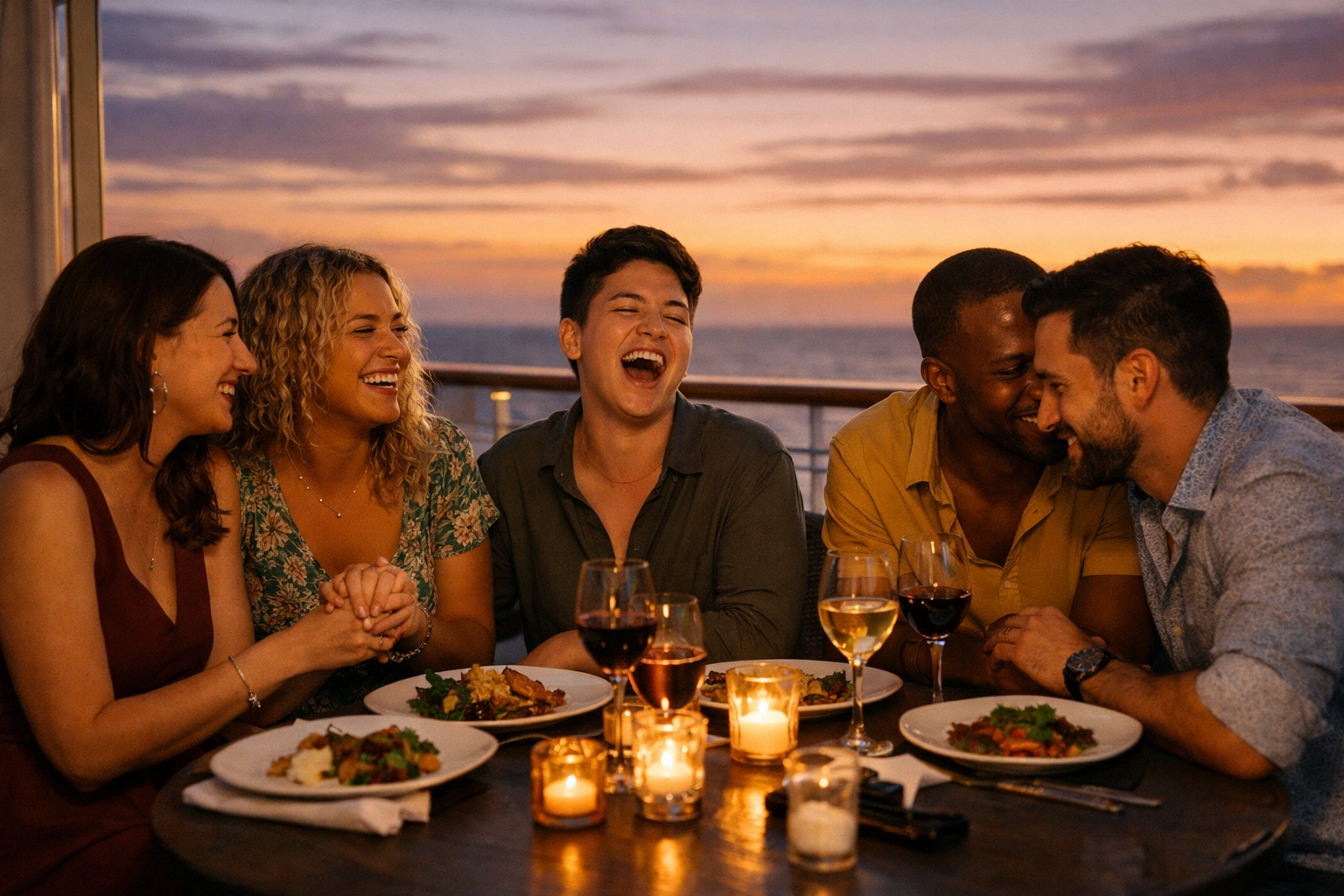 Diverse LGBTQ+ friends dining together on cruise ship terrace sharing community connection