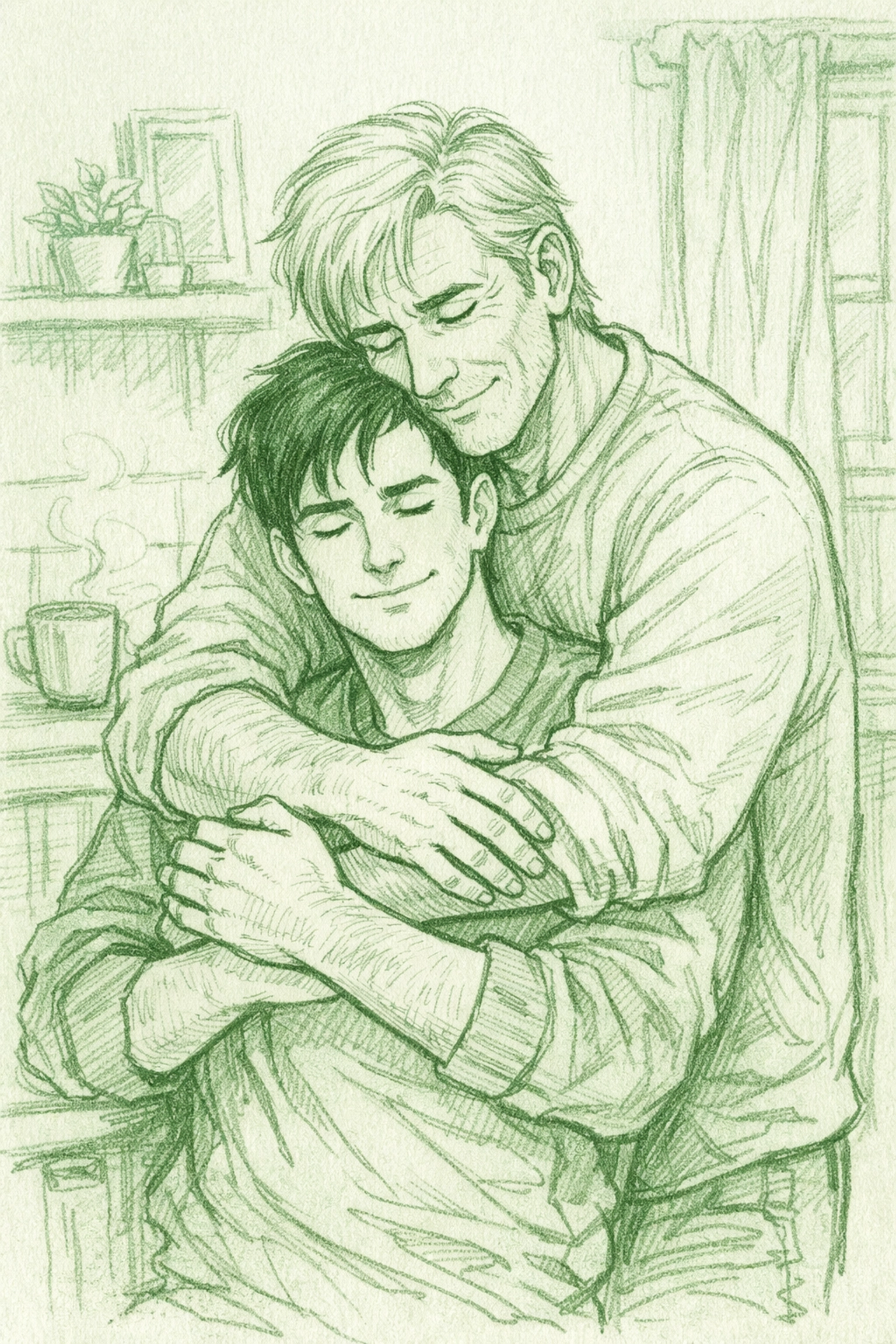 Silver-haired man holding younger partner in protective embrace illustrating possessive love