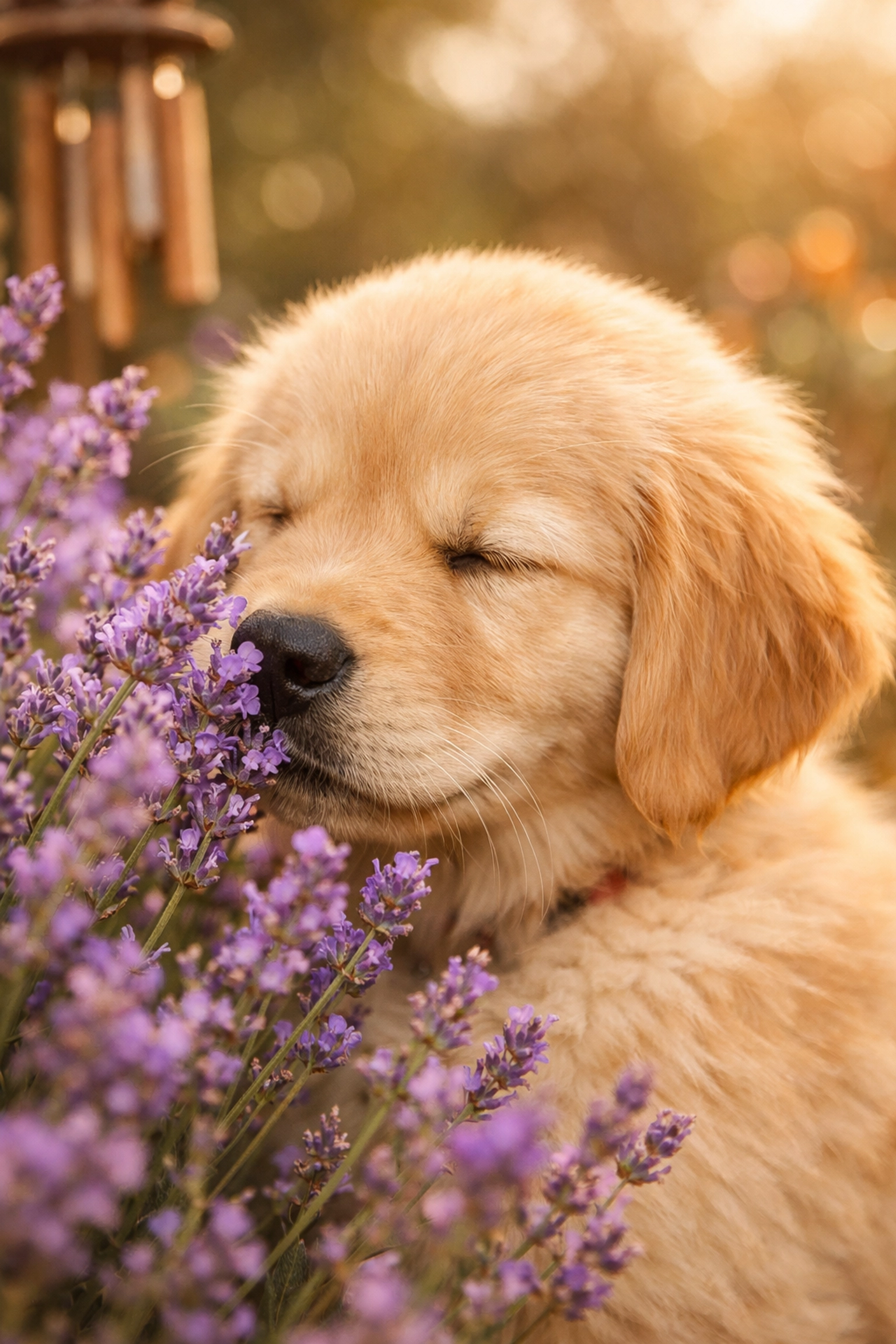 Golden Retriever puppy enjoying a lavender sensory garden, representing the bond between dogs and humans.