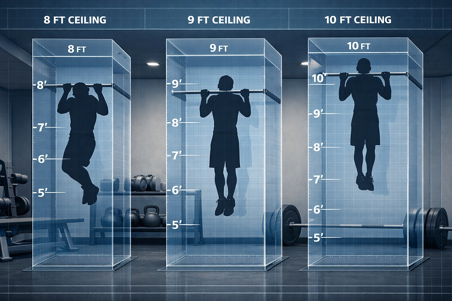 Ceiling height comparison chart showing 8ft, 9ft, and 10ft clearance for home gym equipment