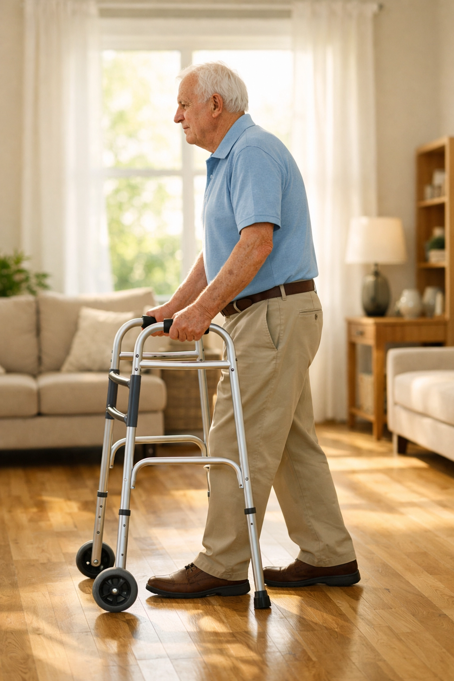 Senior man using a walker correctly by standing with feet between the rear wheels for stability.