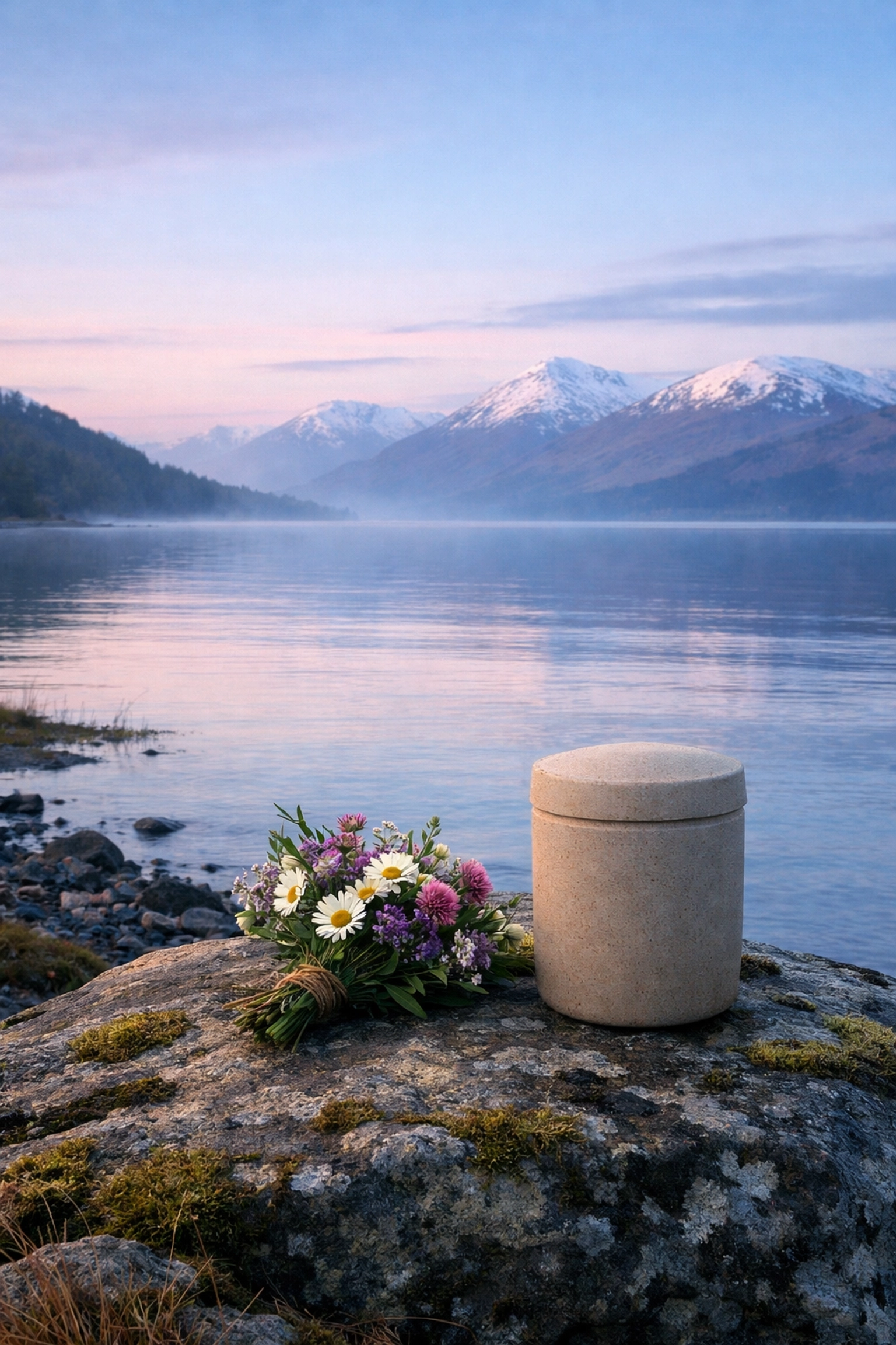 A quiet shoreline view for ash scattering services in Scotland featuring a biodegradable urn and wildflowers.